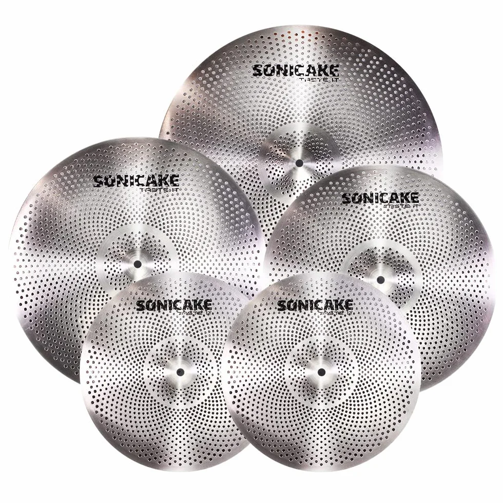 SONICAKE Zestaw talerzy o niskiej objętości, zestaw cichych talerzy 35 cm, Hi-Hat+40 cm, Crash 45 cm + 50 cm zestaw talerzy treningowych, 5 szt., srebrny