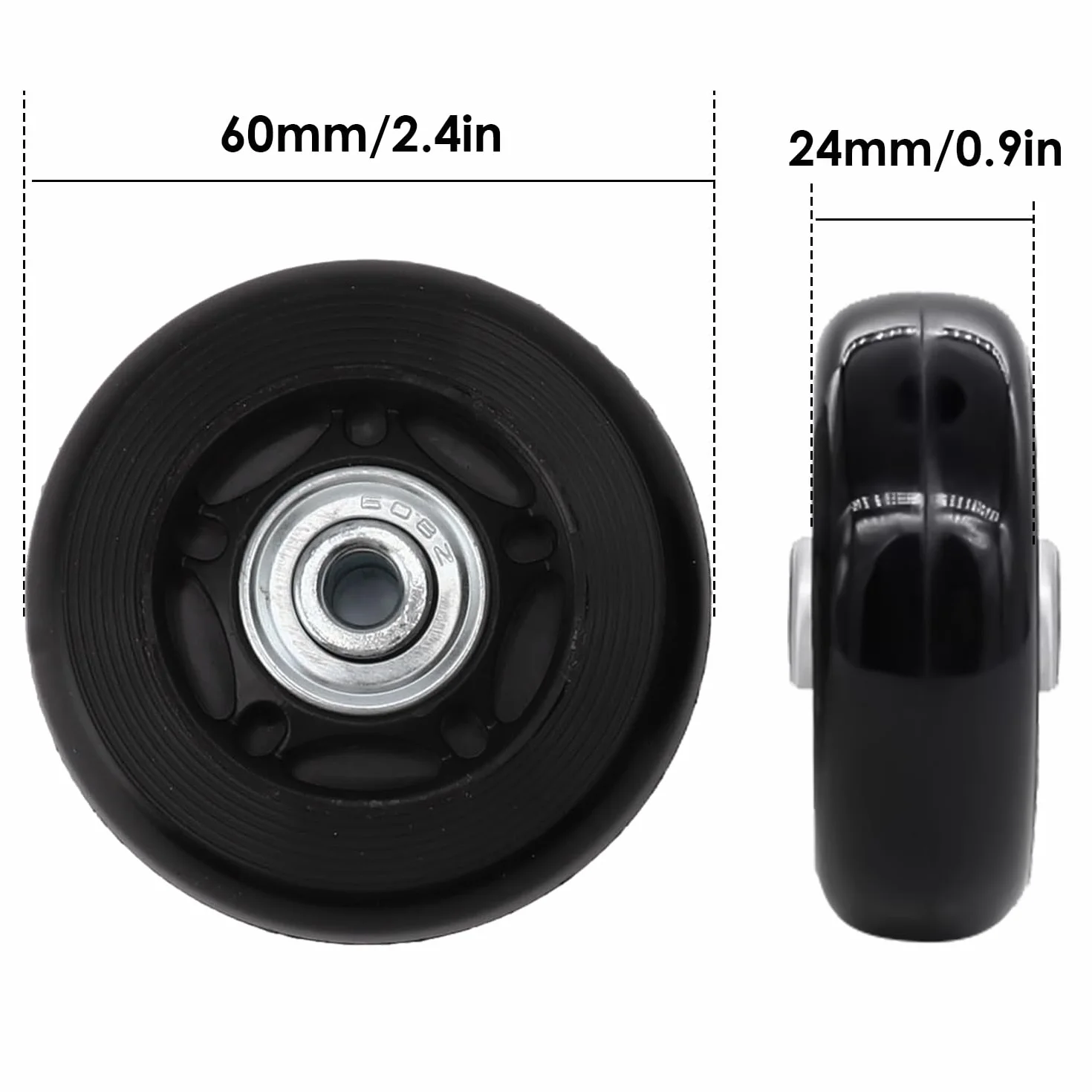 Zestaw 2 zapasowych kółek do bagażu 54 mm/60 mm/64 mm, uniwersalne kółka liniowe z narzędziem instalacyjnym, gumowe kółka obrotowe do walizki bagażowej (60 x 24 mm)