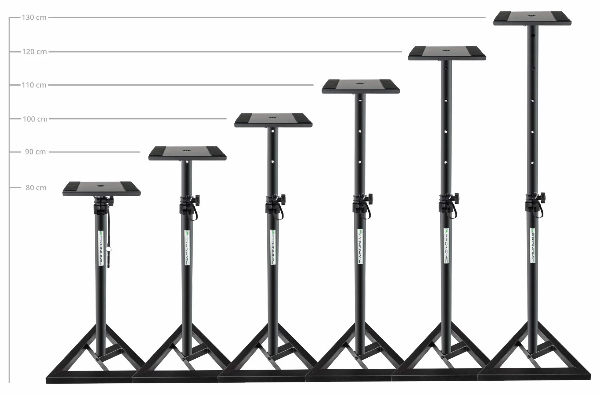 Pronomic SLS-10 statyw do monitora studyjnego (regulacja wysokości od 80 cm do 130 cm, trójkątna podstawa, gumowe nóżki, kolce z kolcami, stal, płyta nośna z gumowymi paskami) czarny malowany proszkowo