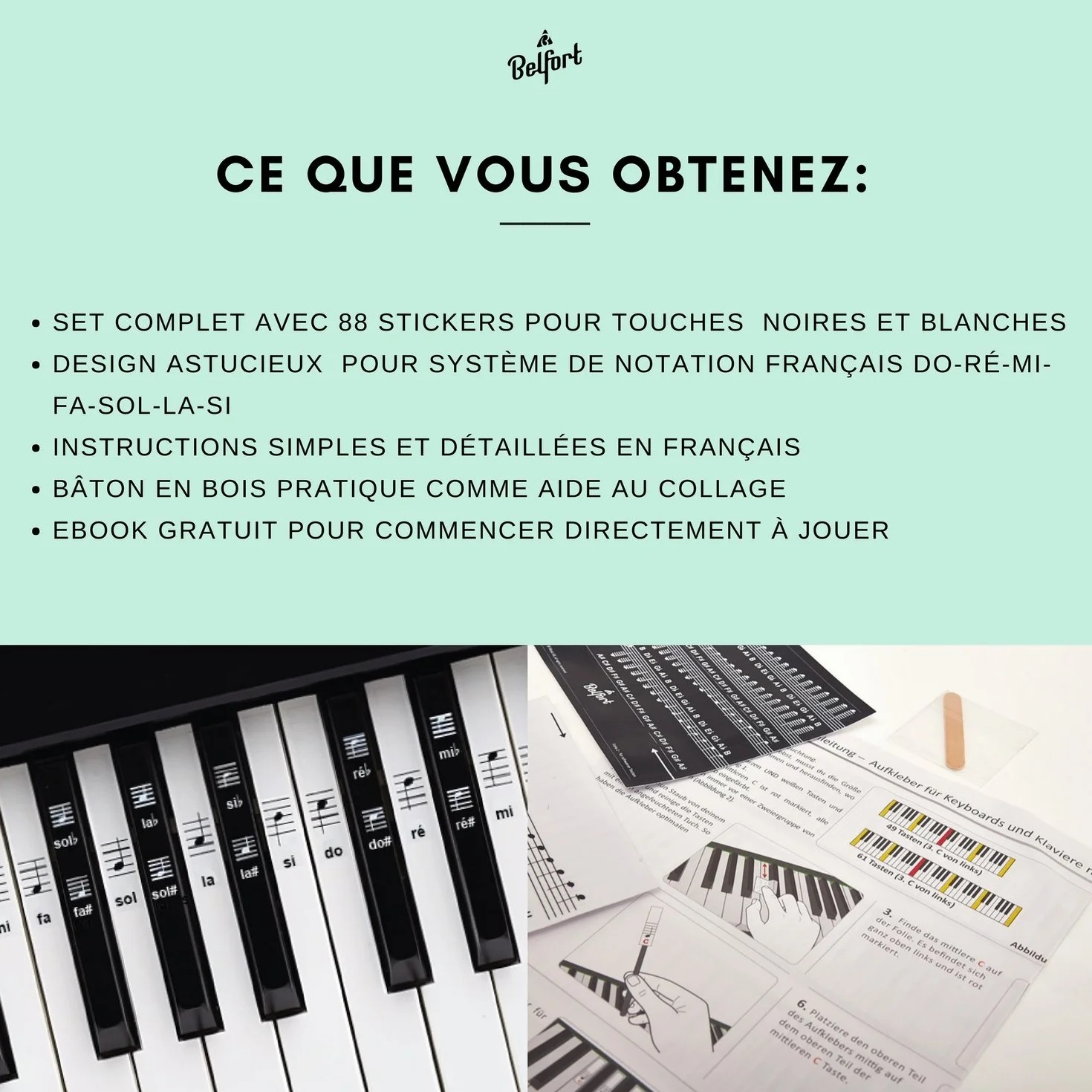 Belfort Autocollants pour Notes de Piano 49-88 Touches