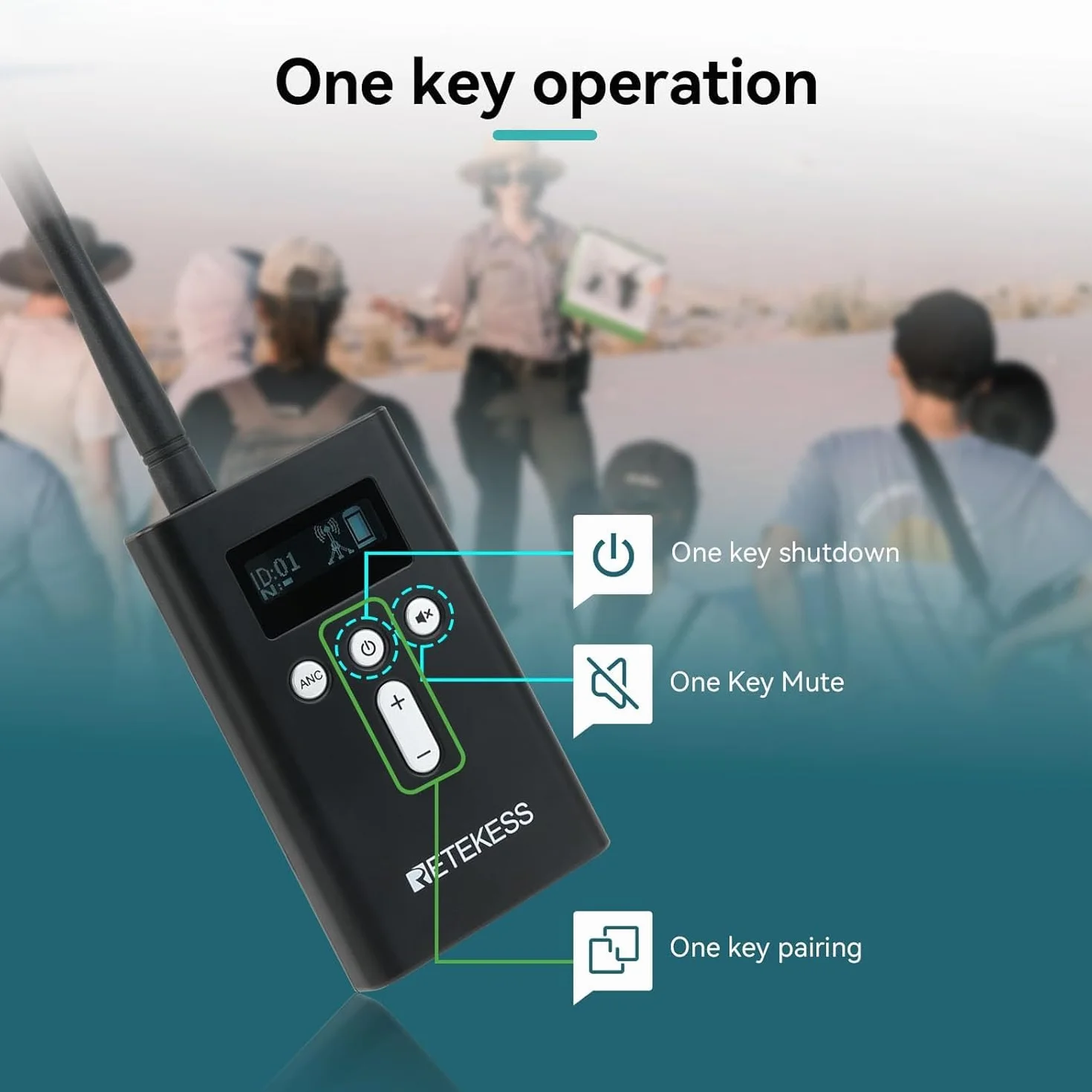 Retekess T130P (T130 3rd) Bezprzewodowy System Przewodnika, Stopniowana Redukcja Szumów, 160 m, Długi czas Czuwania 40 Godzin, dla Tłumaczenia, Turystycznego, Fabryka (1 Nadajnik, 20 Odbiorników)