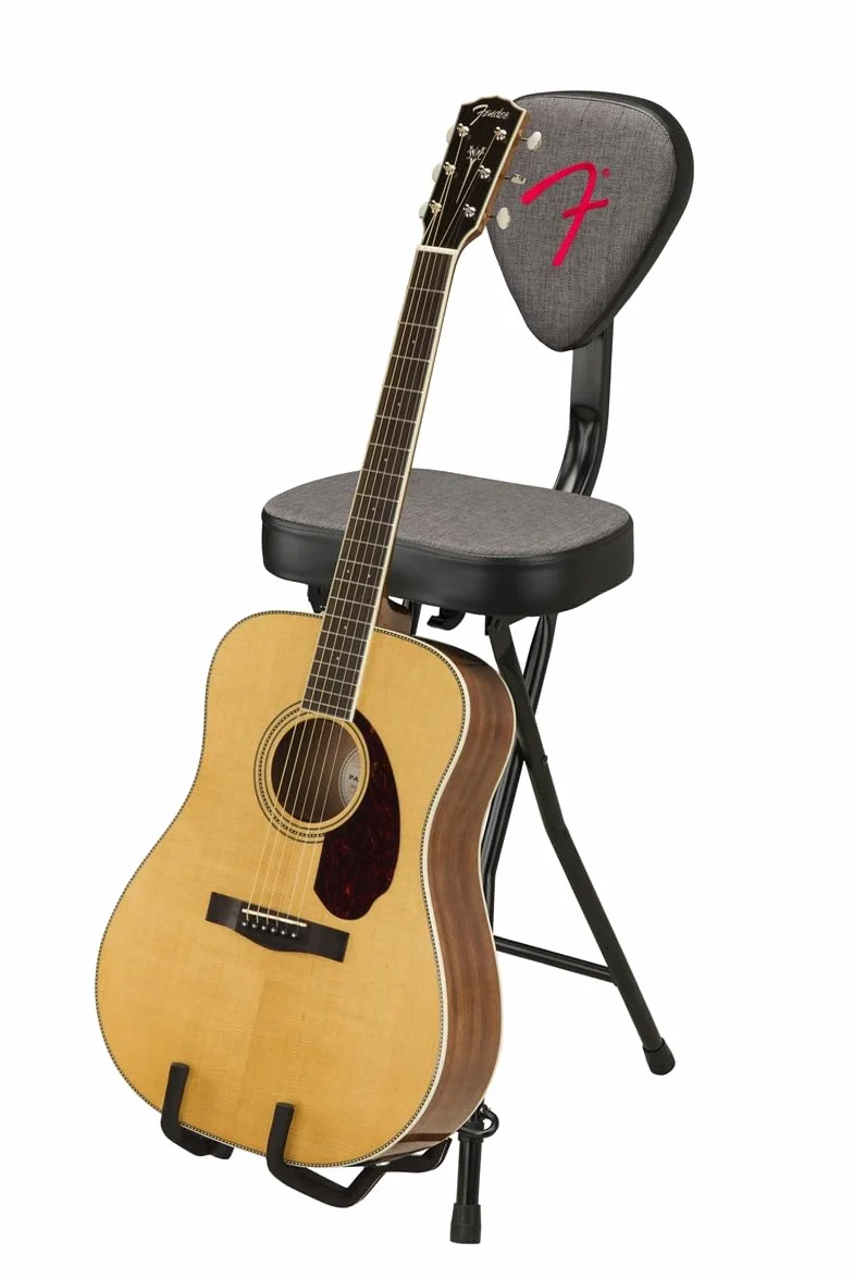 Fender Zestaw 351 siedziska i stojaka na gitarę, składana konstrukcja, zdejmowane oparcie, szary materiał tweedowy, antypoślizgowe nóżki