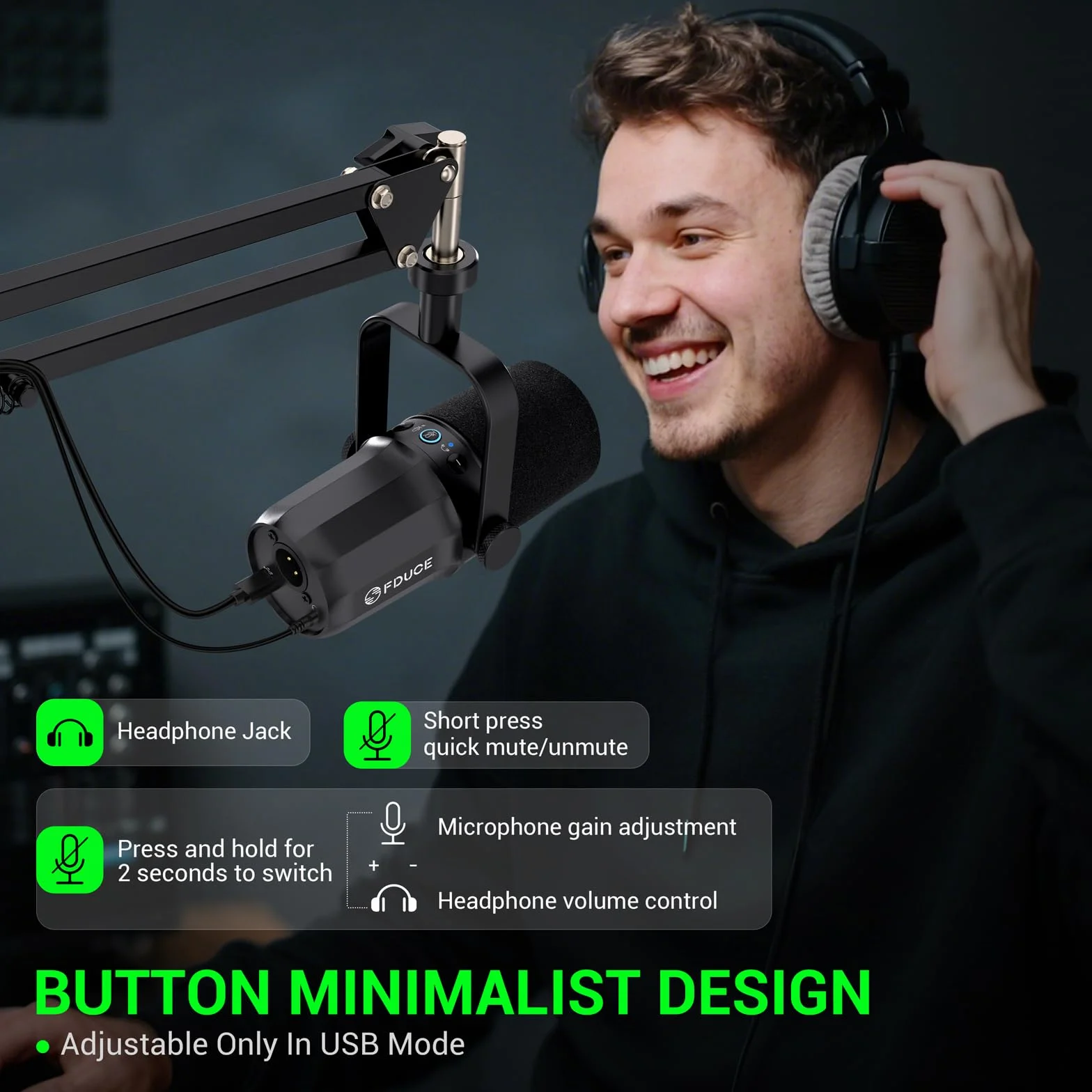FDUCE SL40+ Zestaw mikrofonowy, USB/XLR do podcastów, grania i streamingu, dynamiczny mikrofon ze statywem typu boom, wbudowane wyjście słuchawkowe, przycisk wyciszenia, pokrętło wzmocnienia
