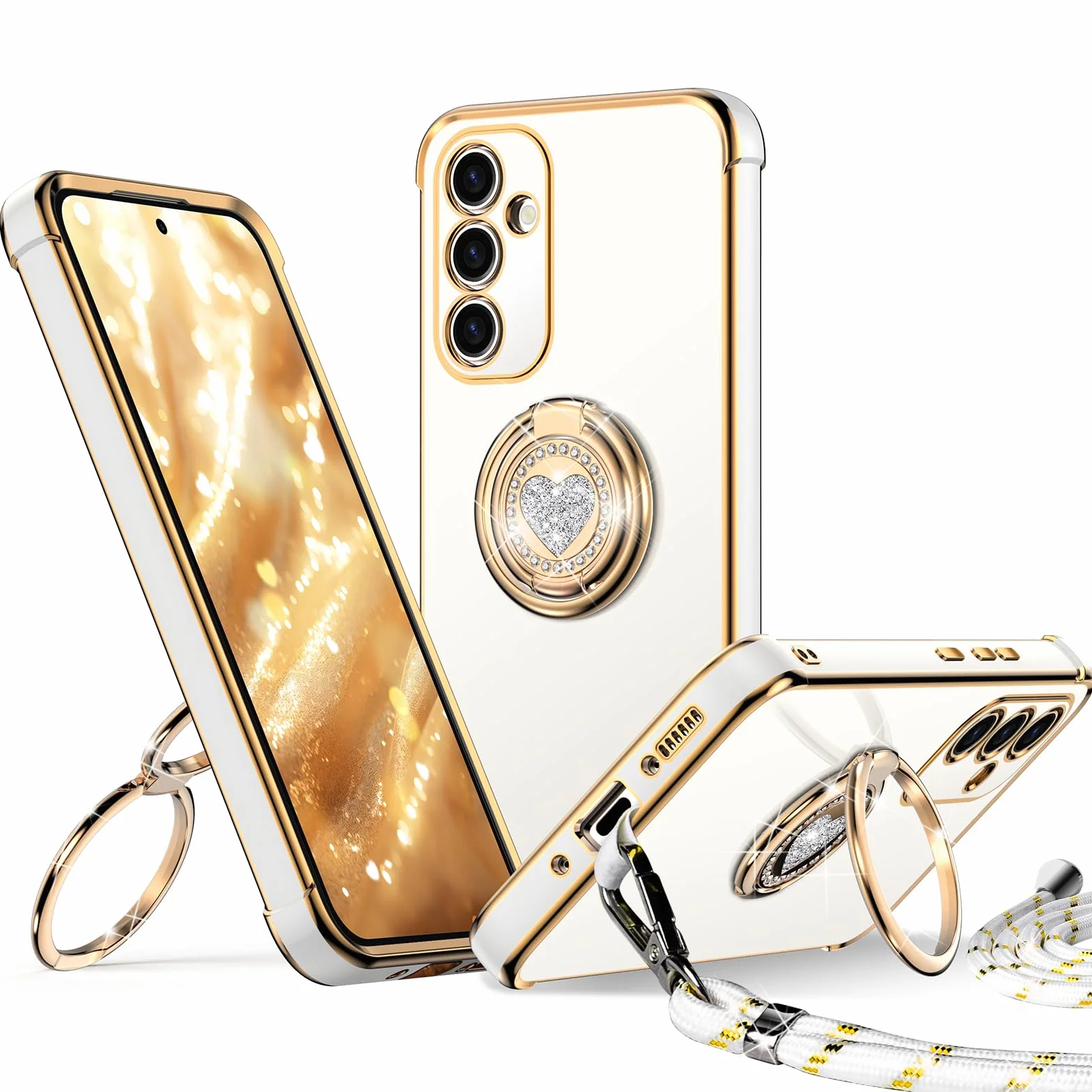 XYZ Etui do Samsung Galaxy A36 5G, etui z paskiem w kształcie serca, podwójny pierścień, stojak, etui na telefon komórkowy, łańcuszek na telefon komórkowy, dla kobiet i dziewcząt, cienkie, odporne na