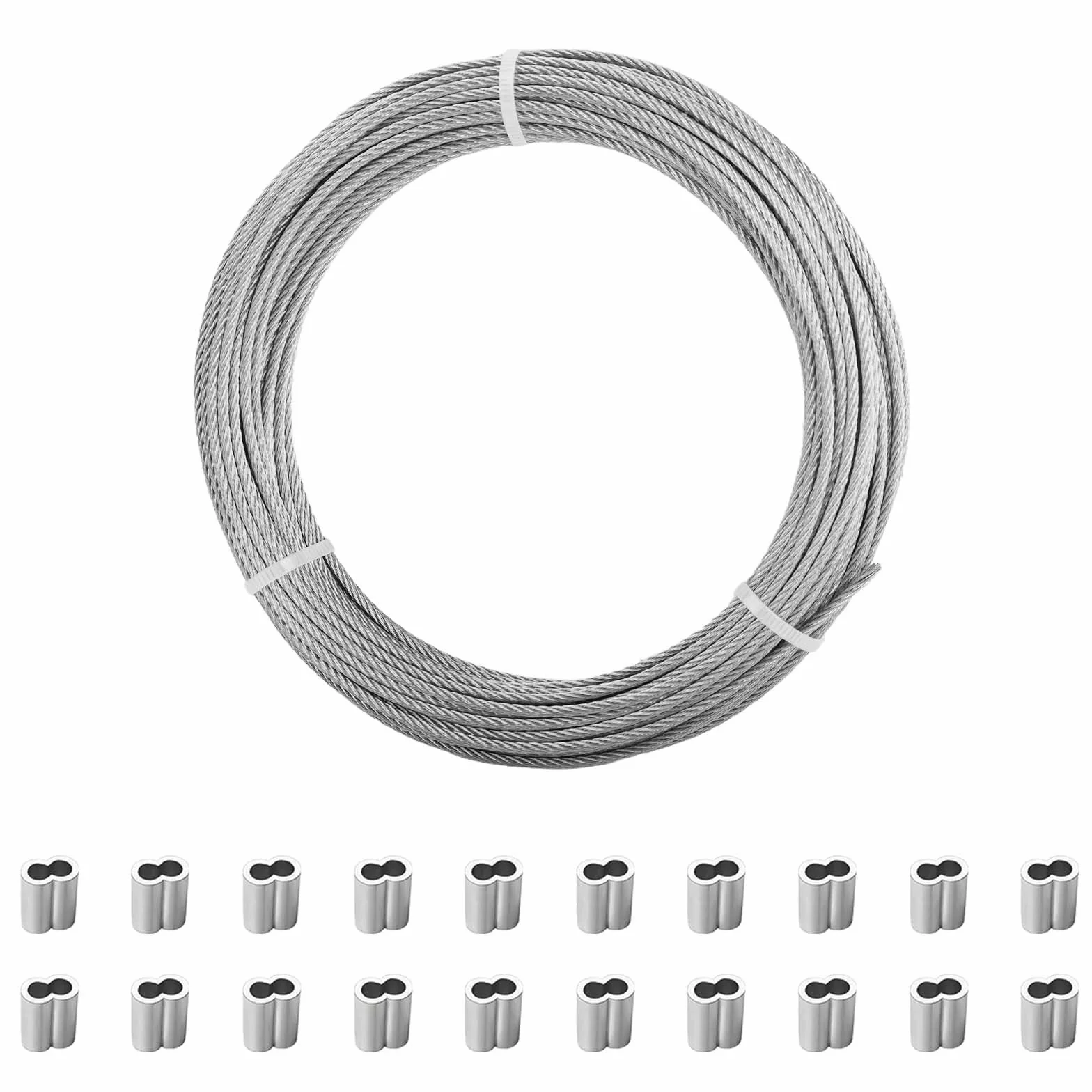 Drut Ogrodowy 20m x 2mm do Roślin Pnących, Lina Stalowa ze Stali Nierdzewnej z 20 Aluminiowymi Tulejkami Zaciskowymi, Lina Stalowa 7x7, do Roślin Pnących, Wieszania Obrazów i Użytku na Zewnątrz