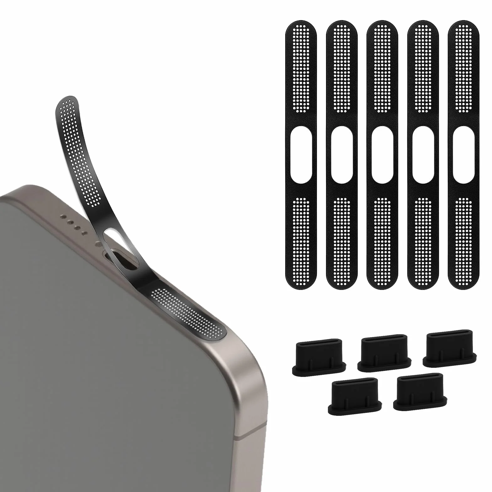 Zestaw do ochrony przed kurzem USB-C do iPhone 15/16 serii 5 x USB-C wtyczka przeciwpyłowa i 5 x głośnik, ochrona przed kurzem wysokiej jakości silikon i metalowa siatka, pełna ochrona portów