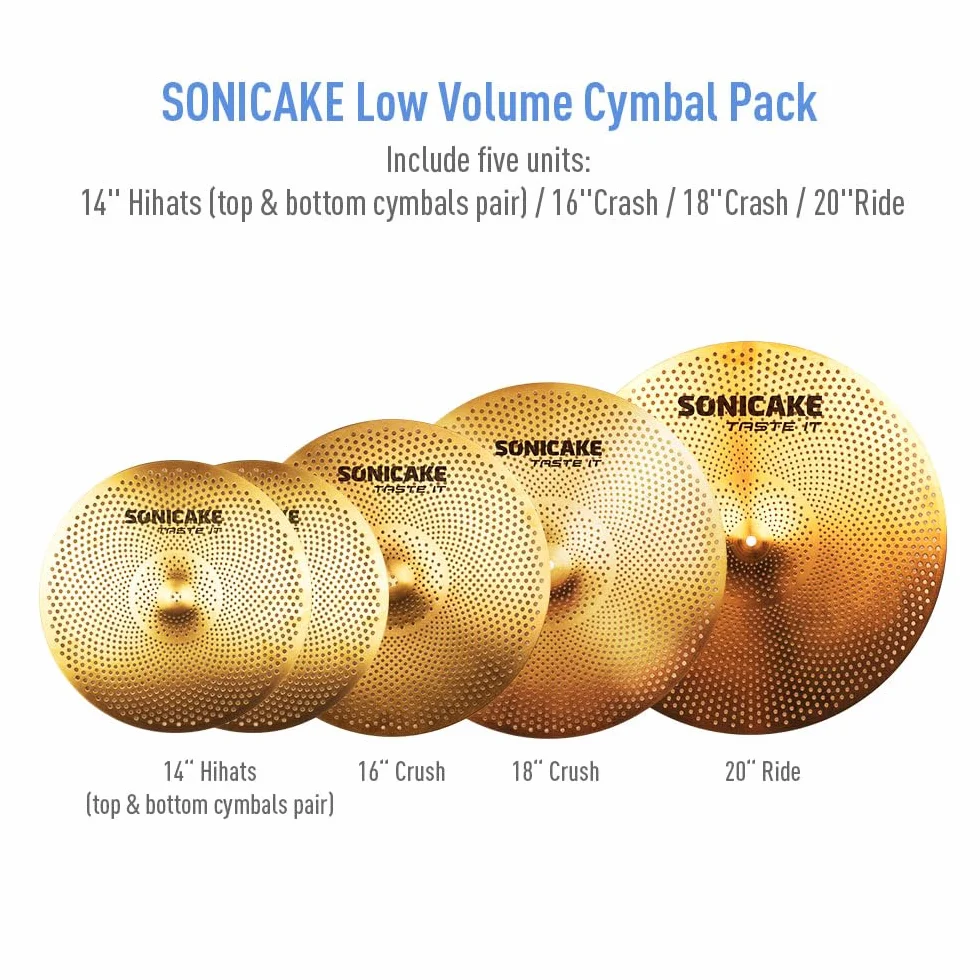 SONICAKE Cymbal zestaw o niskiej głośności, 14" HiHat + 16" Crash + 18" Crash + 20" Ride zestaw talerzy złoty, 5 sztuk, z kieszenią na miednicę i akcesoriami