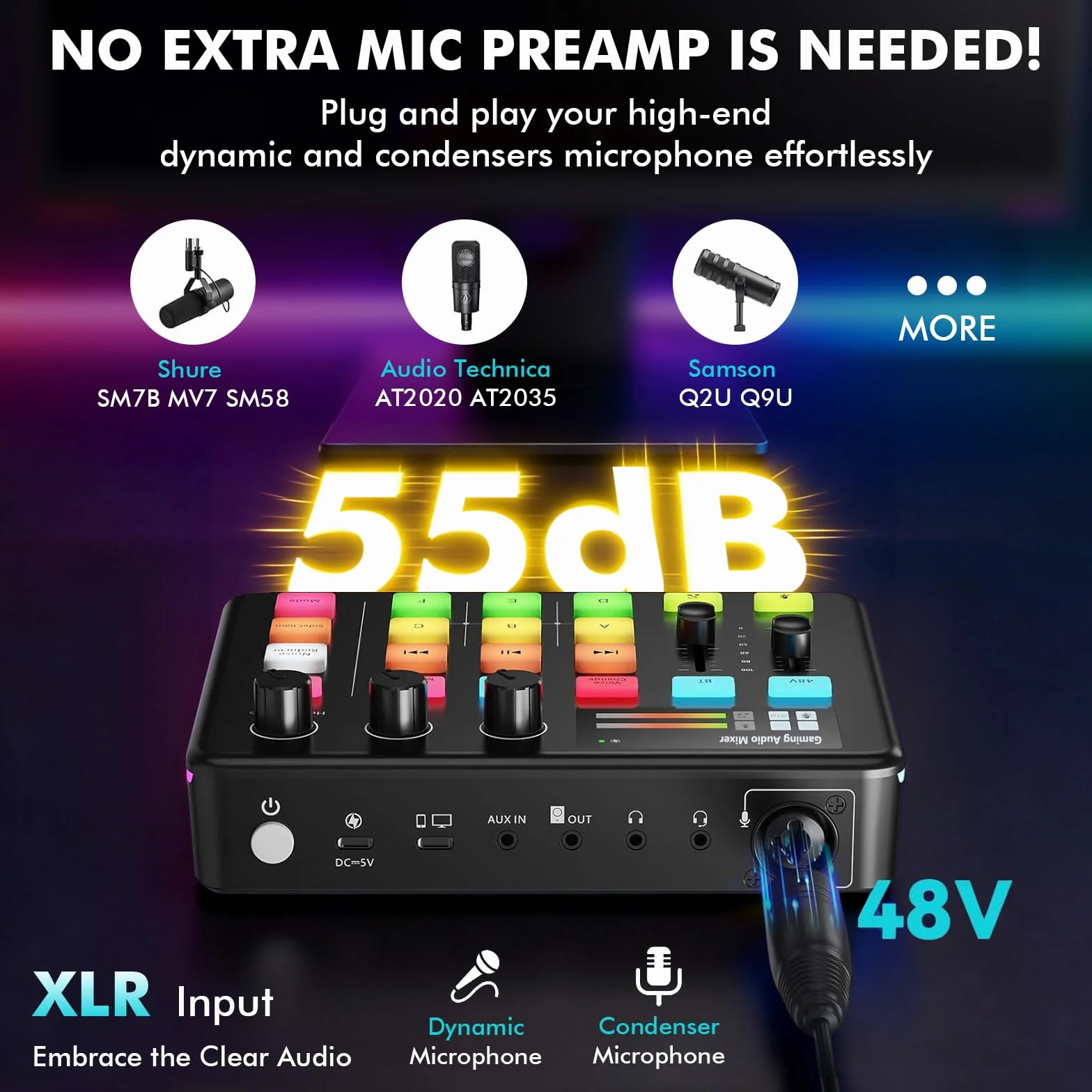 G1 Neo mikser audio, mikser audio, karta dźwiękowa RGB do mikrofonu XLR, interfejs audio do strumieniowego przesyłania, 48 V Phantom Power, efekty dźwiękowe DIY, kontrola głośności, przycisk