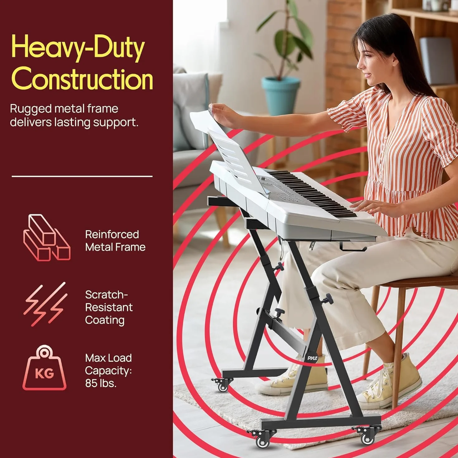 Pyle Universal Electronic Piano, czarny wytrzymały stojak na klawiaturę w stylu Z blokadą kół, wysokość i szerokość, przenośny uchwyt na organiczny stojak, składany design