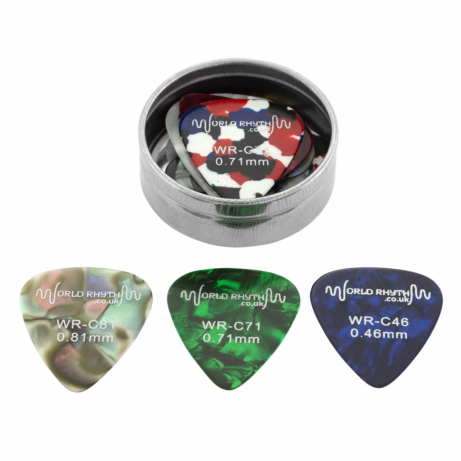 Kostka do gitary puszka i plektrony gitarowe - 12 kostek gitarowych o różnych grubościach, 0,46 mm, 0,71 mm, 0,81 mm WR-208