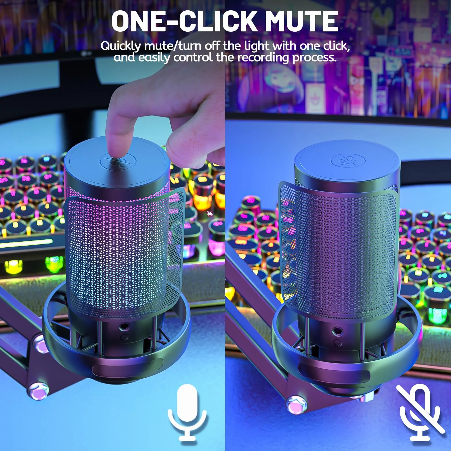 Anykuu RGB Mikrofon pojemnościowy 24 bit / 192 kHz, mikrofon de gier z 7 zmiennymi światłami, jeden przycisk wyciszający USB, mikrofon z kondensatorem i ramieniem do gier, studio, YouTube, podcastów
