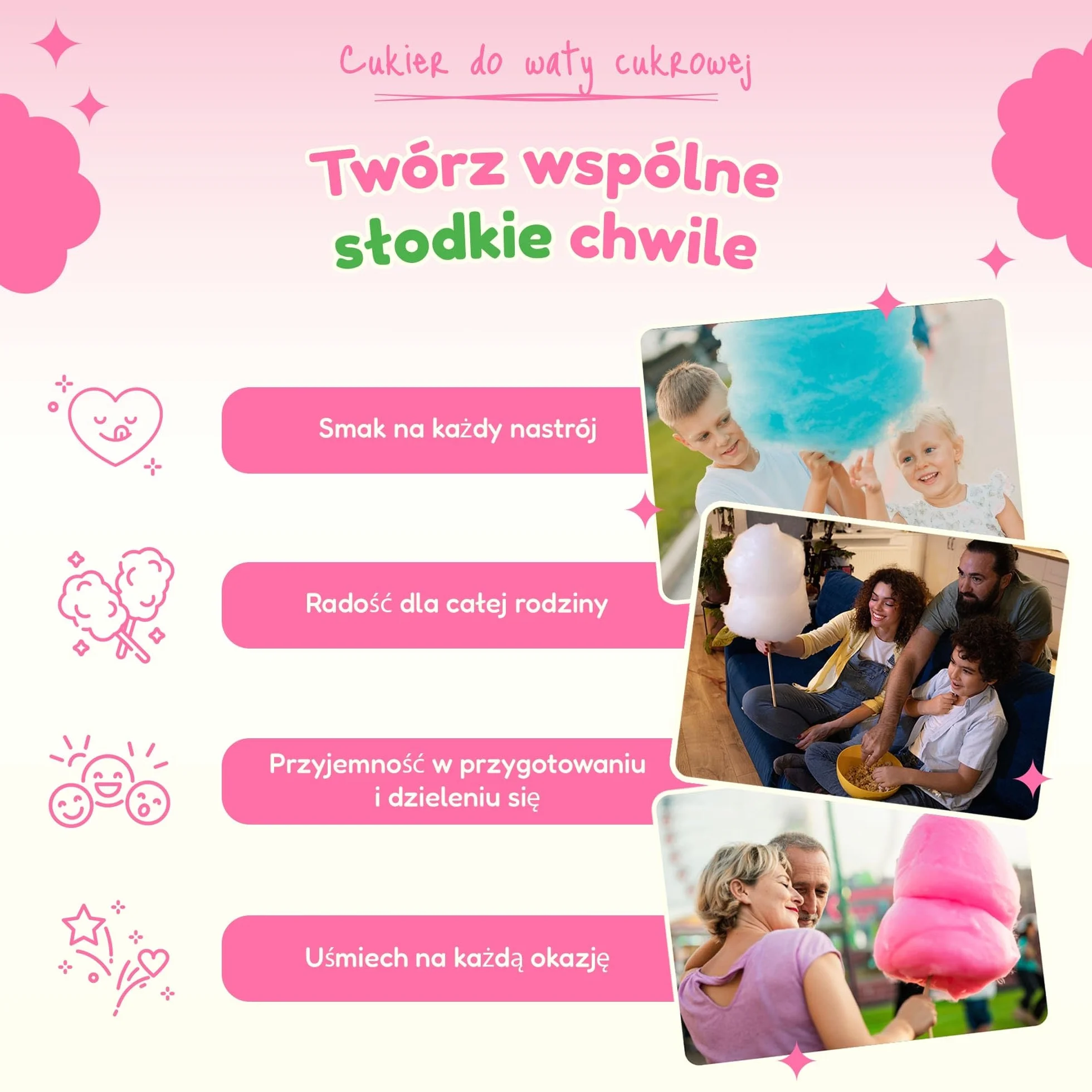 CANDY LAMA Zestaw cukrów do waty cukrowej, zestaw imprezowy 5 x 160g: Truskawka, Malina, Jabłko, Banan i Arbuz, w zestawie 20 patyczków do waty cukrowej, do maszynki