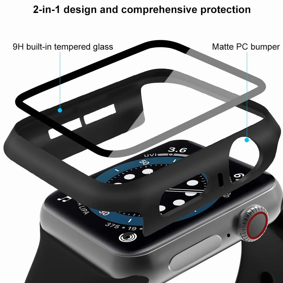 OFFCUP Etui z osłoną ekranu, 2 szt. twarde etui zaprojektowane do Apple Watch Series 4/5/6/SE 40 mm z osłoną ekranu ze szkła hartowanego, wbudowana folia ze szkła hartowanego, wysoka czułość (czarne)
