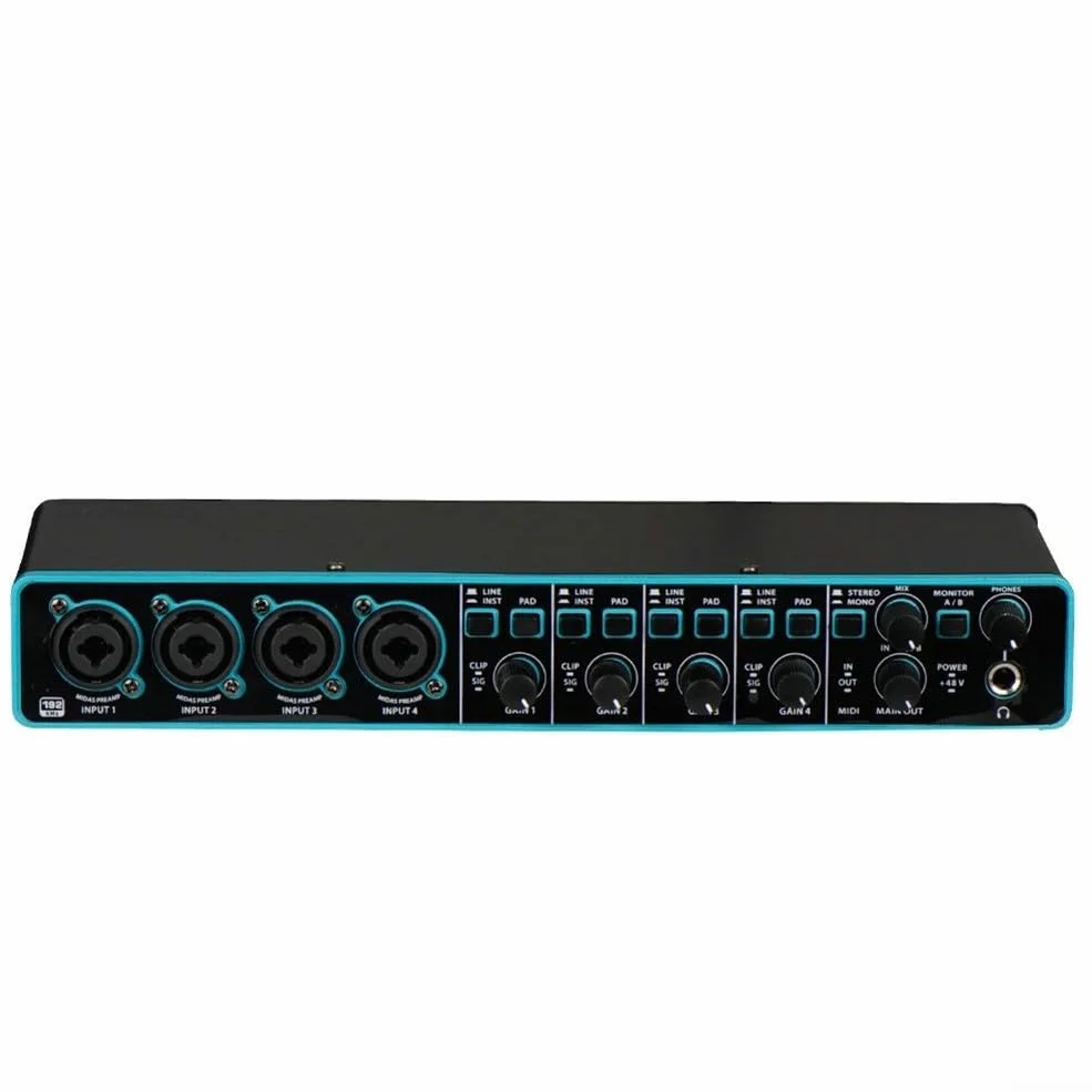 Interfejs audio USB do 4 x 4, przedwzmacniacz mikrofonowy, nagrywanie studyjne | Konstrukcja ABS, kompaktowy rozmiar 33,7 x 15,3 x 9 cm, nagrywanie klasy studyjnej, dla wszechstronnej łączności instrumentów