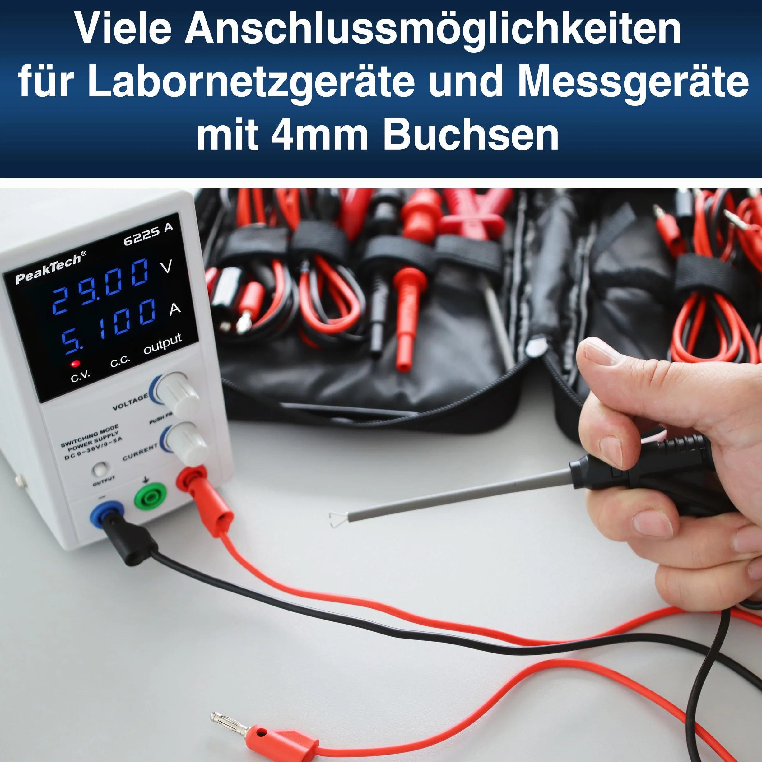 PeakTech 8201 – zestaw akcesoriów pomiarowych do zasilacza laboratoryjnego i multimetru, końcówki pomiarowe, zaciski elektryczne, przewody laboratoryjne z wtyczką bananową 4 mm, zaciski krokodylkowe z