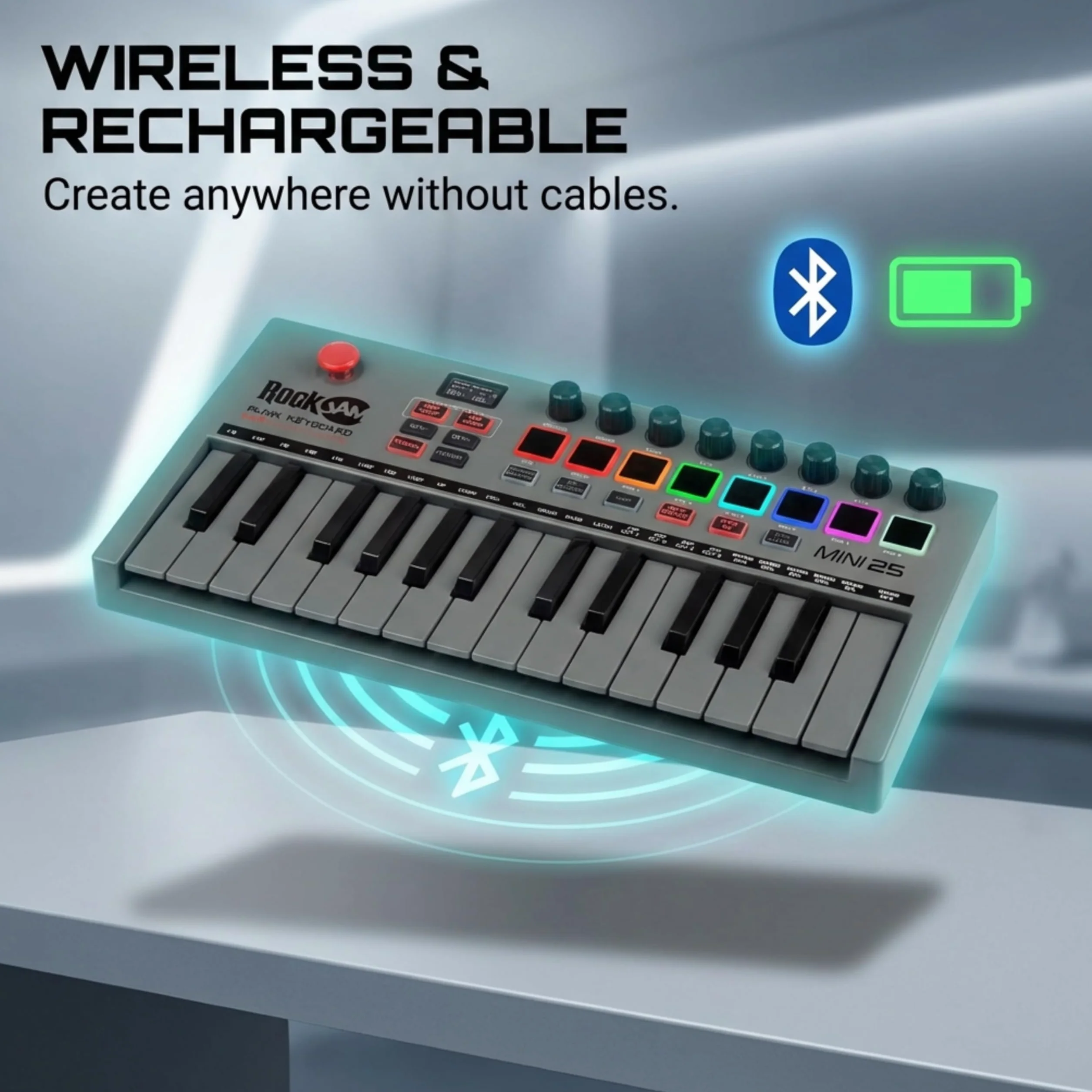 RockJam Go 25 kluczy USB i Bluetooth MIDI Keyboard Controller z 8 podkładkami perkusyjnymi tylnymi, 8 Knobs