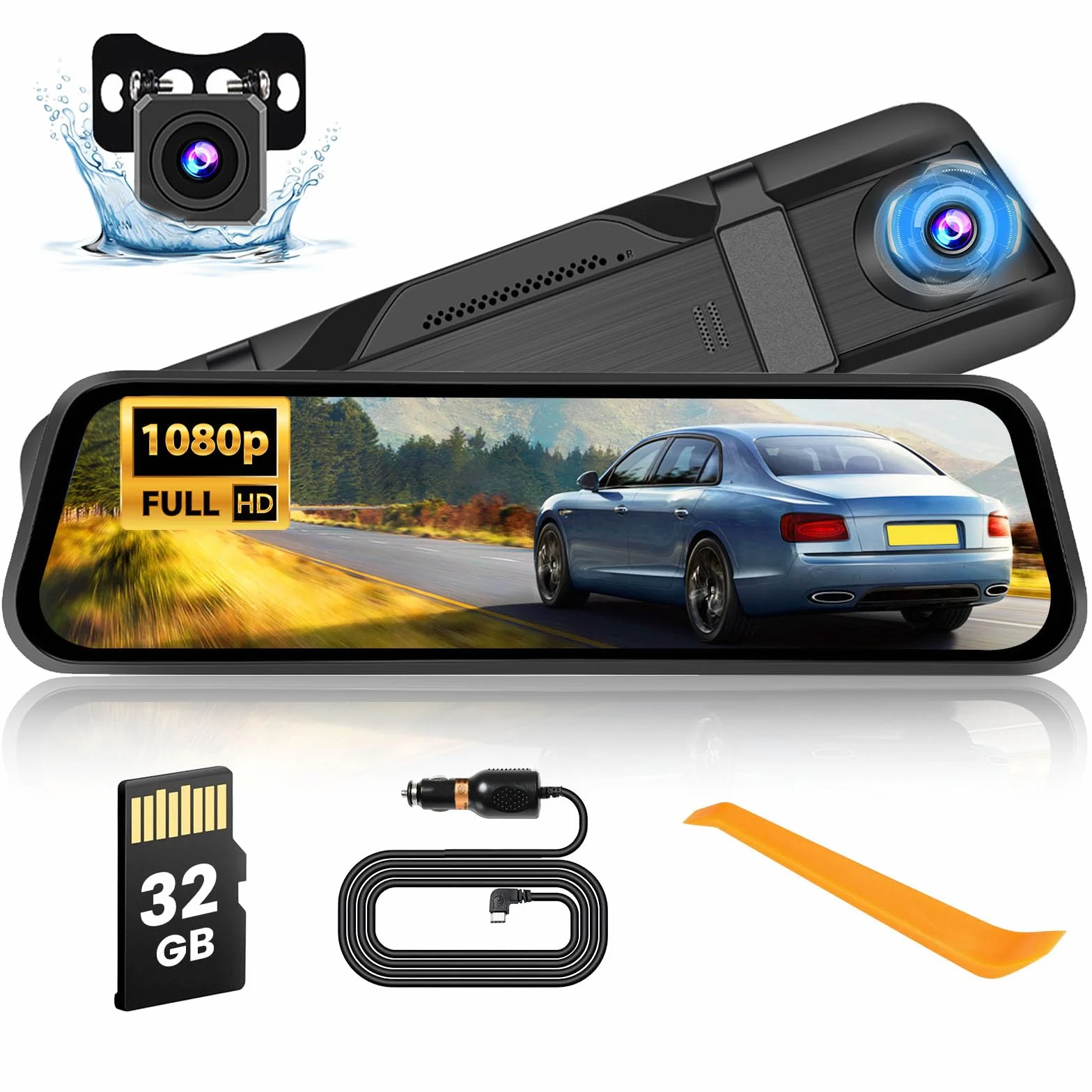 9,66-calowa kamera samochodowa 1080P Ekran dotykowy Dash CAM Samochodowe lusterko wsteczne z noktowizorem, nagrywaniem w pętli, czujnikiem G, HDR, wykrywaniem ruchu, monitorem parkowania, kartą TF 32G