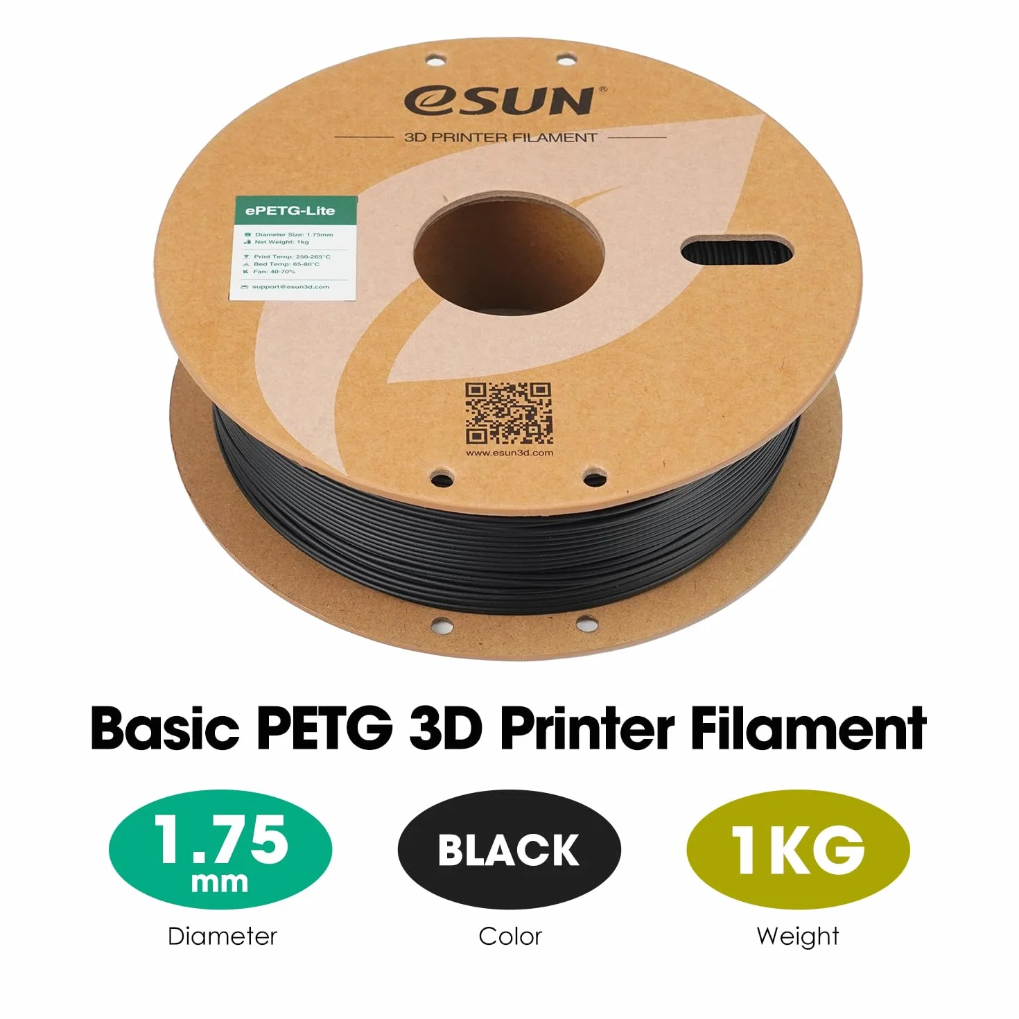 eSUN PETG filament 1,75 mm, filament PETG Basic o wysokiej wytrzymałości, szpula 1 kg (2,2 LBS) do drukarek 3D (Czarny, 1KG)