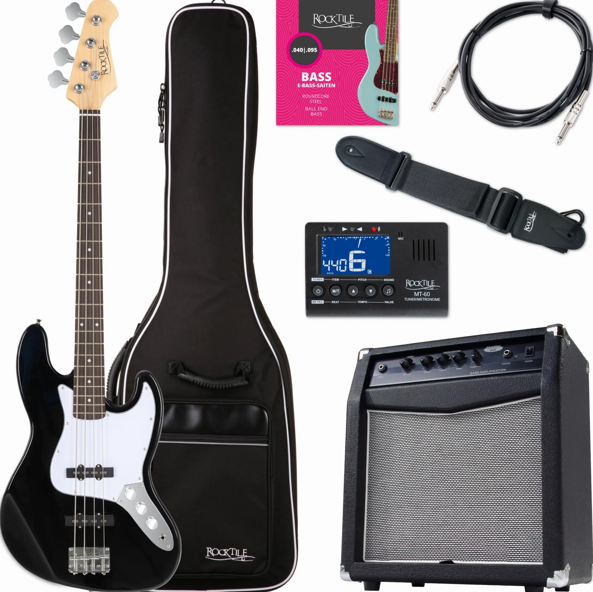 Rocktile Fatboy II BK zestaw startowy do basów elektrycznych, kompletny zestaw 7-częściowy, 4-strunowa gitara basowa ze wzmacniaczem, torbą, strojem, paskiem, kablem, strunami – czarna