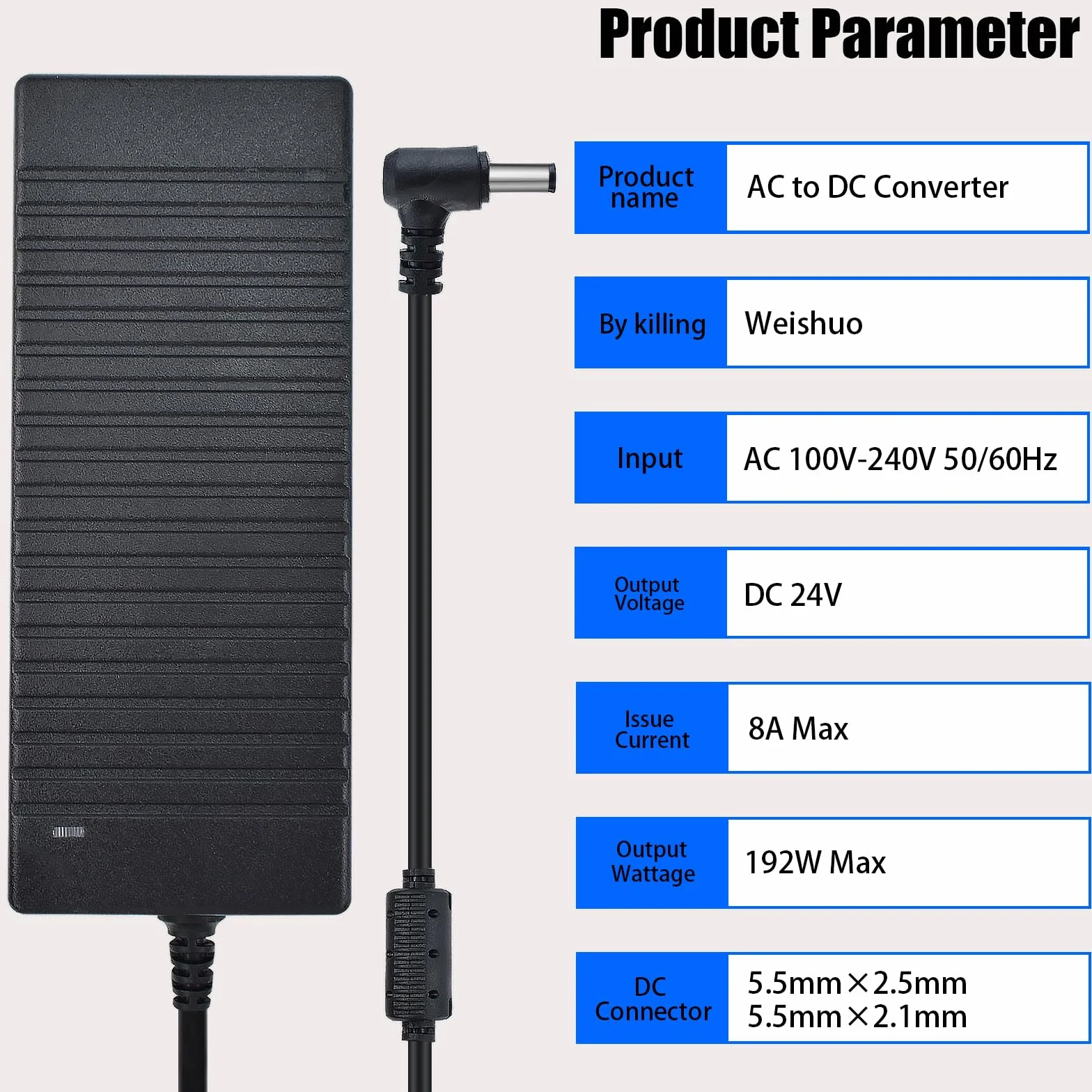 24 V, 8 A, zasilacz 192 W, konwerter napięcia AC 100-240 V na DC 24 V, uniwersalny zasilacz z wtyczką 5,5 x 2,5 mm do taśm LED, kamery monitorującej, monitora LCD