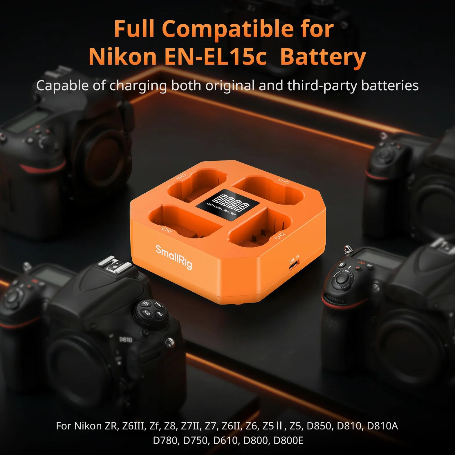 SMALLRIG EN-EL15c 4-kanałowa ładowarka do aparatu fotograficznego do Nikon, 3H PD45W szybkie ładowanie, wyświetlacz LED, pełna do Nikon ZR Z6III Zf Z8 Z7II Z7 Z6II D850 D810 D780 D750 D500