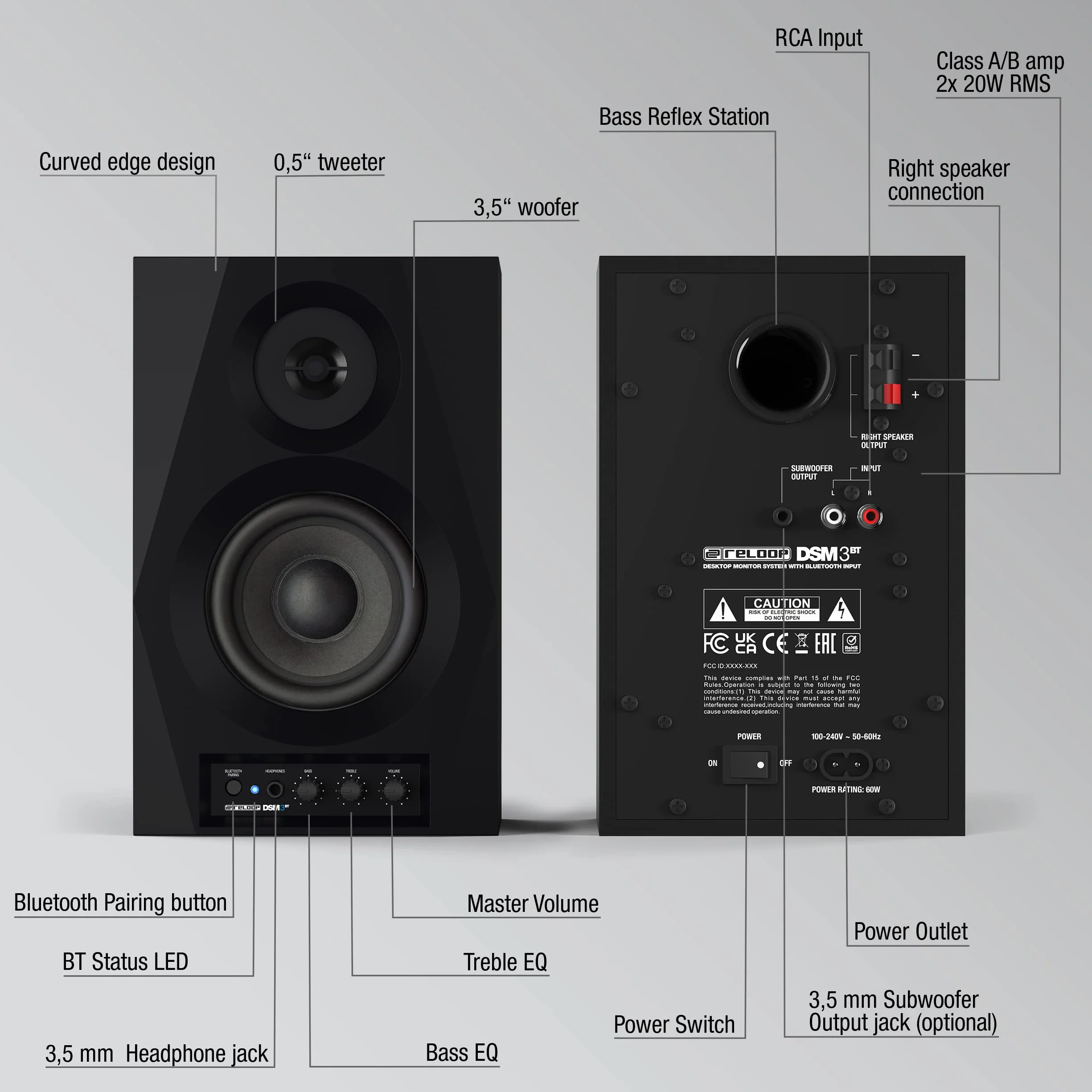 Reloop DSM-3 BT | Bluetooth PC Speaker dla DJ-ów i producentów, Profesjonalny 2-drożny aktywny system monitorowy z wejściem bezprzewodowym, Mocny i zrównoważony dźwięk dla DJ-ów i producentów.
