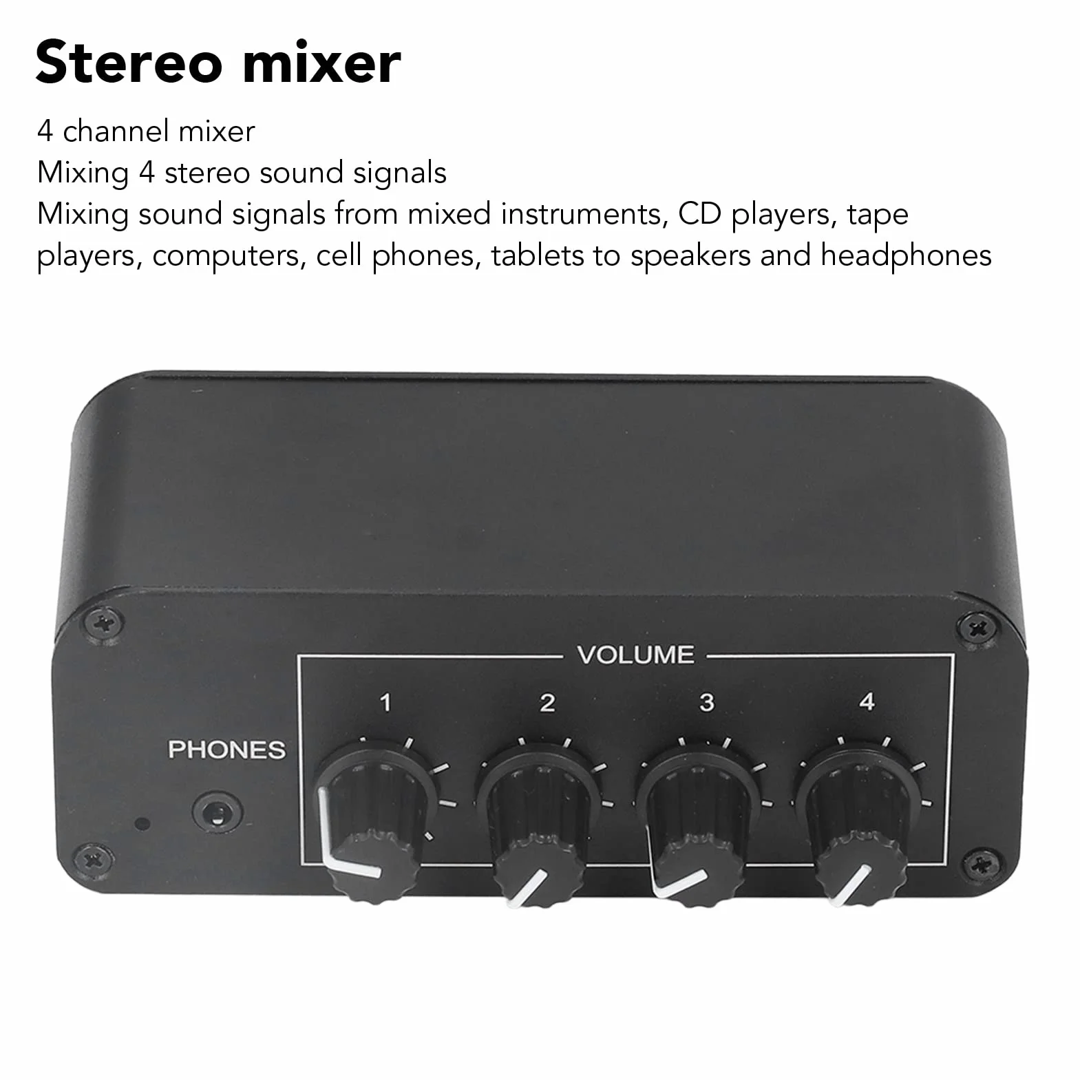 Ejoyous Mikser Dźwięku Stereo, Minimikser ze Stopu Aluminium z 4 Kanałami Wejściowymi i oddzielną regulacją Głośności do Użytku Domowego i Studyjnego