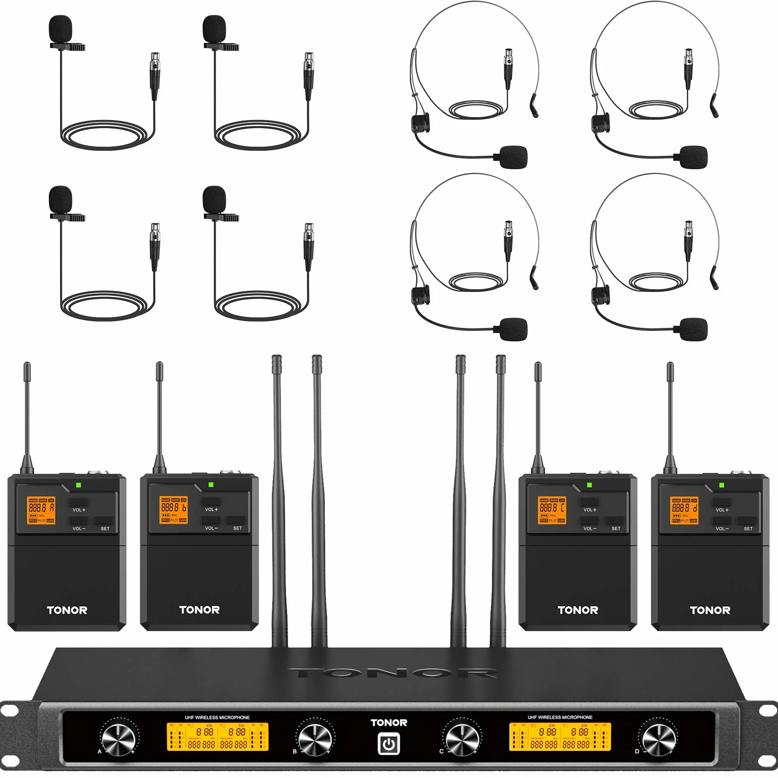 Bezprzewodowy system mikrofonowy TONOR UHF z podwójnymi mikrofonami nausznymi, nadajnikami Bodypack, odbiornikiem akumulatorowym, 4x5 kanałów, zasięg 90 m, do nagrywania mowy, głośników PA