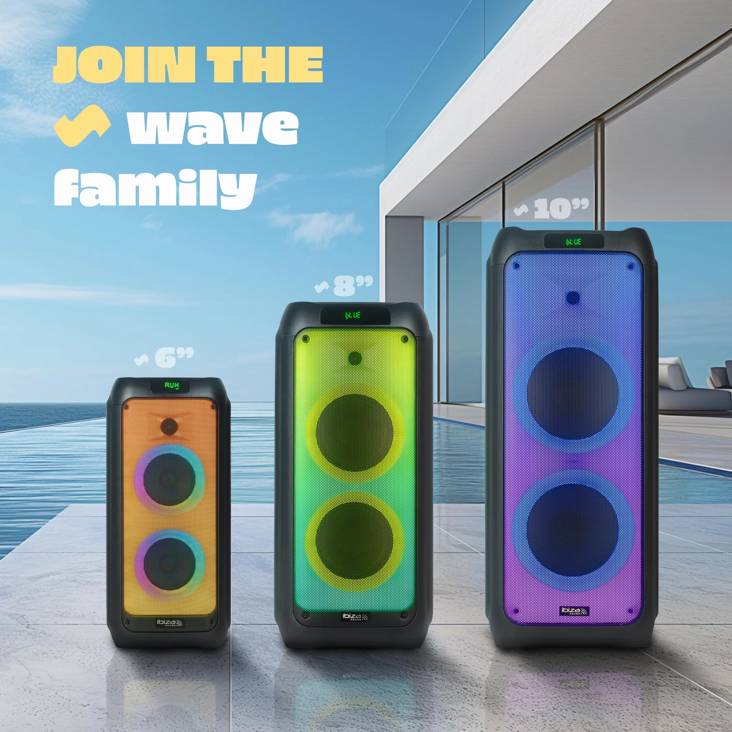 Ibiza - WAVE6 - Głośnik akumulatorowy 250W/2x5,25" z Bluetooth, USB i microSD - Efekt WAVE LED i bezprzewodowe połączenie TWS - Czarny