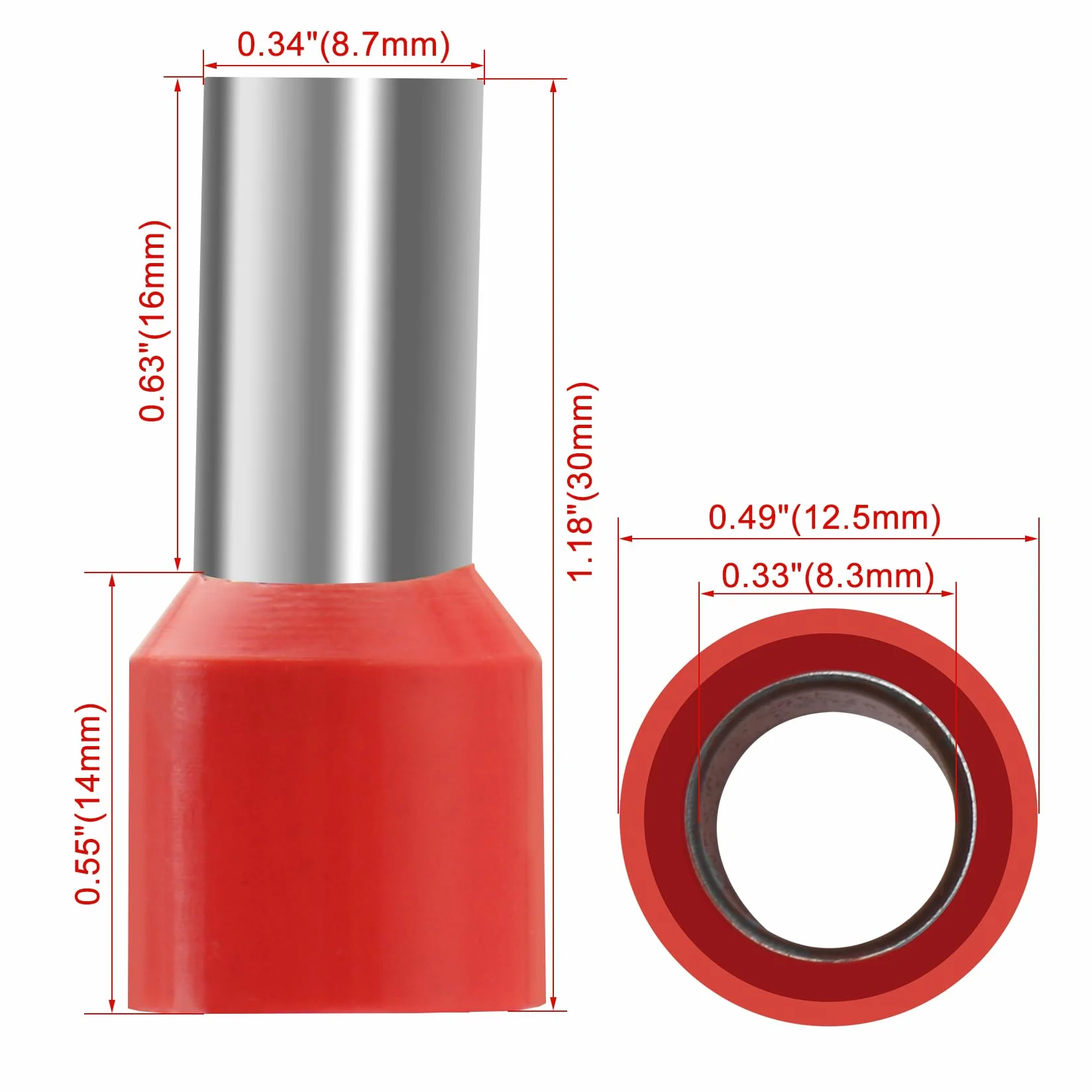 Heschen zaciski kablowe E35-16 AWG 2/35 mm², drut miedziany łącznik zaciskowy, izolowany winyl, czerwony, 50 sztuk