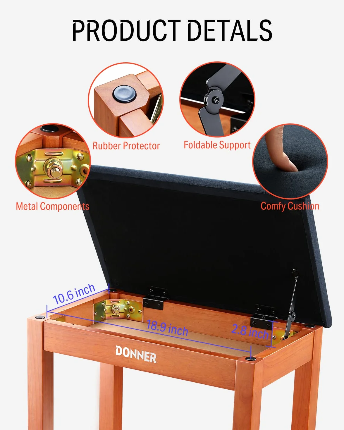 Donner Ławka fortepianowa z miejscem do przechowywania, ławka do keyboardu z litego drewna, regał na książki, taboret, krzesło, siedzisko z gęstą poduszką zamszową, kolor wykończenia drewna