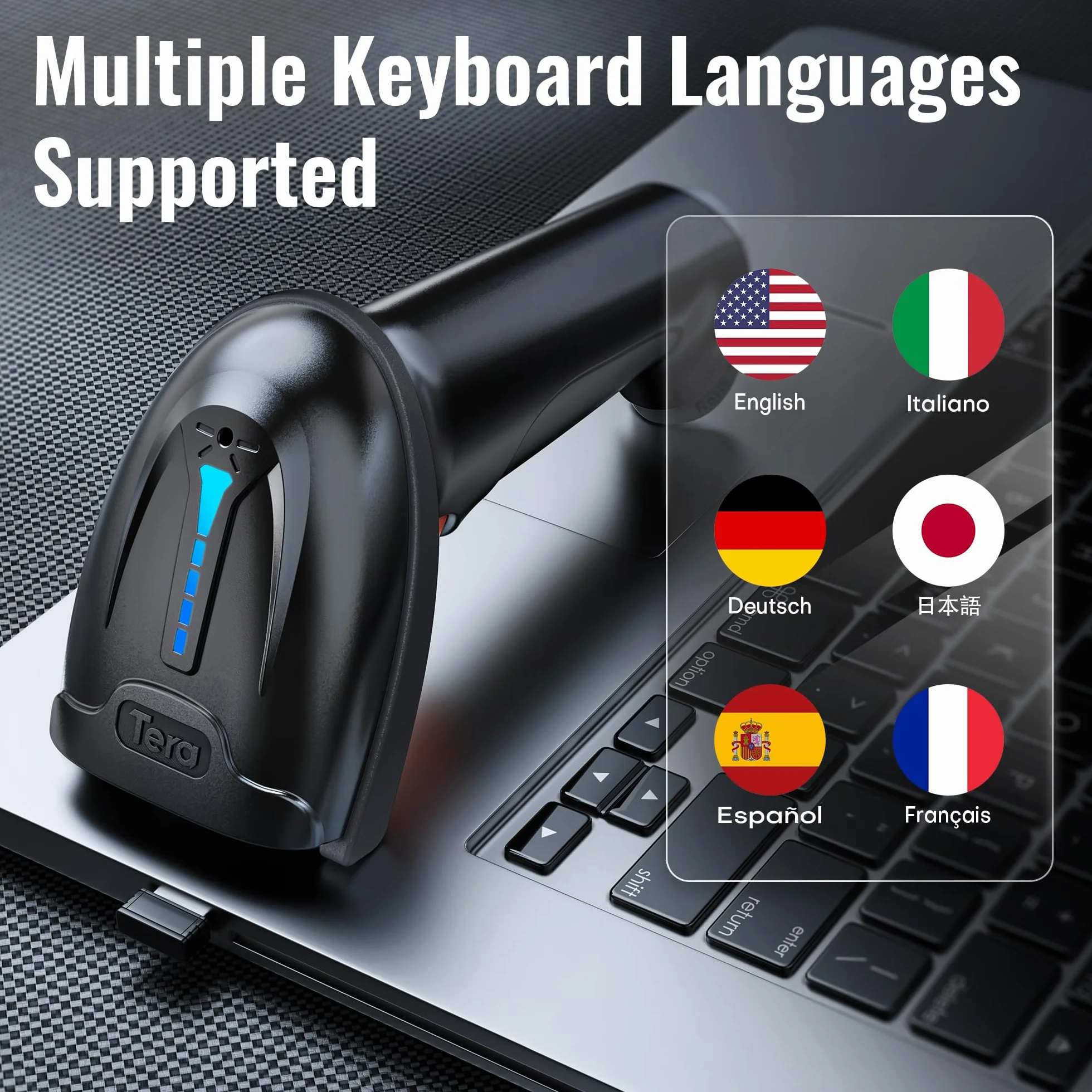 Tera Skaner kodów kreskowych 1D, 2D, QR, bezprzewodowy, 2,4 GHz + przewodowy USB 2.0, przewodowy, ręczny skaner kodów kreskowych, rozdzielczość 5 mil, zasięg 100 m, obsługuje skanowanie ekranu, D5100