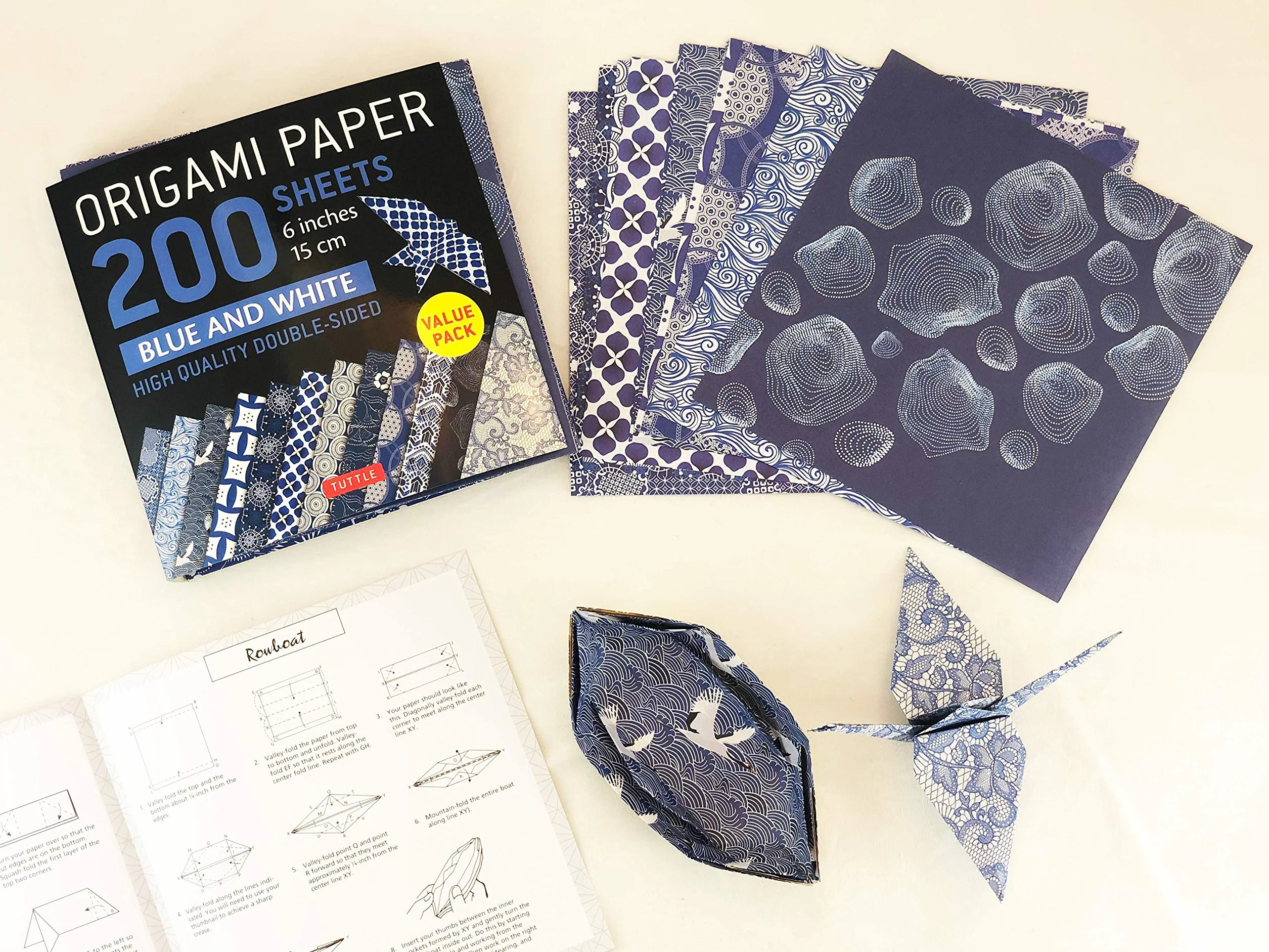 Origami Paper 200 Sheets Blue and White Patterns 6" (15 CM): High-Quality Double Sided Origami Sheets Printed with 12 Different Designs (Instructions for 6 Projects Included)