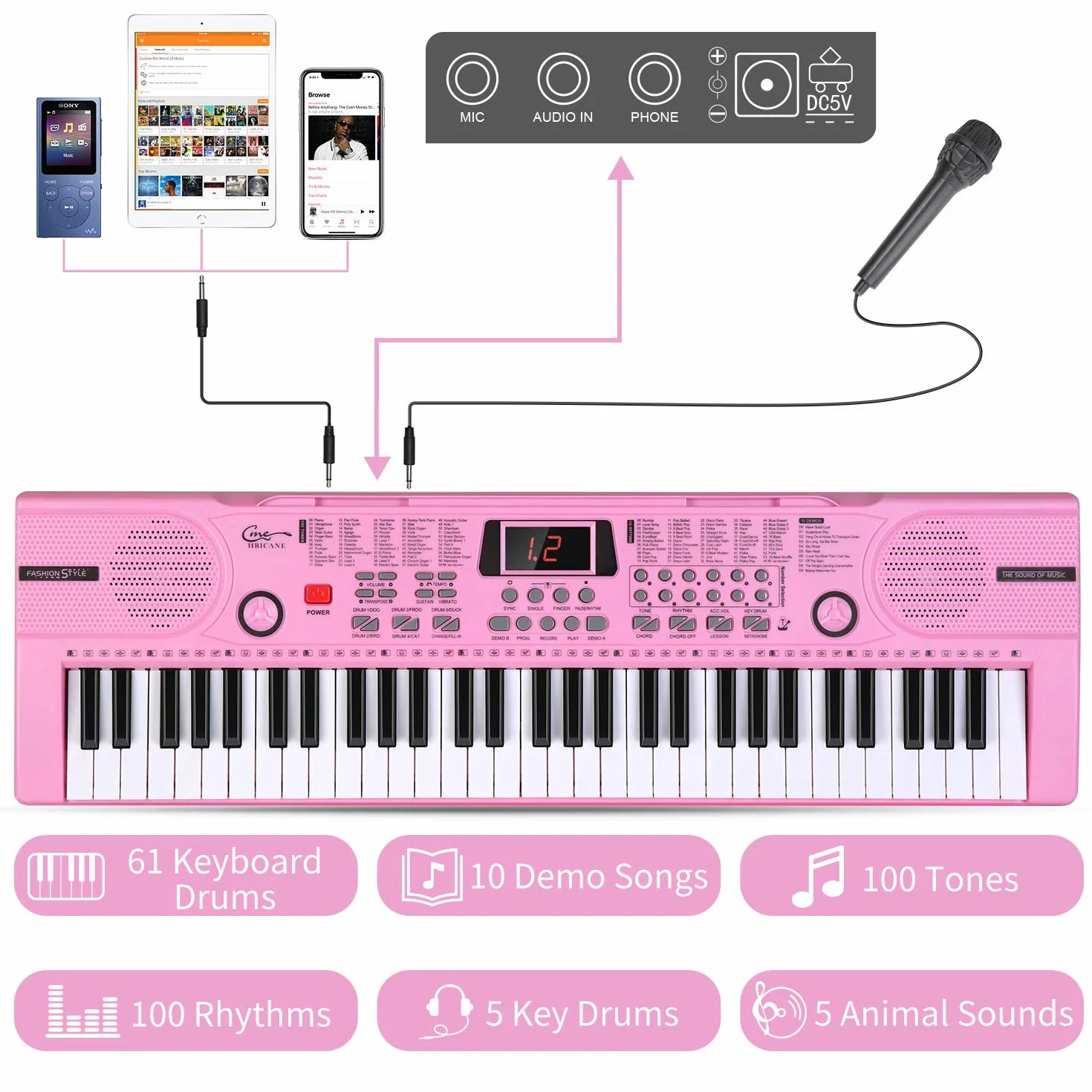 Keyboard dla dzieci z 61 przyciskami, dla początkujących, elektroniczna klawiatura, przenośna, cyfrowa klawiatura muzyczna, instrument muzyczny do wczesnej edukacji z mikrofonem i stojakiem na karteczki na nuty, prezent dla chłopców i dziewczynek
