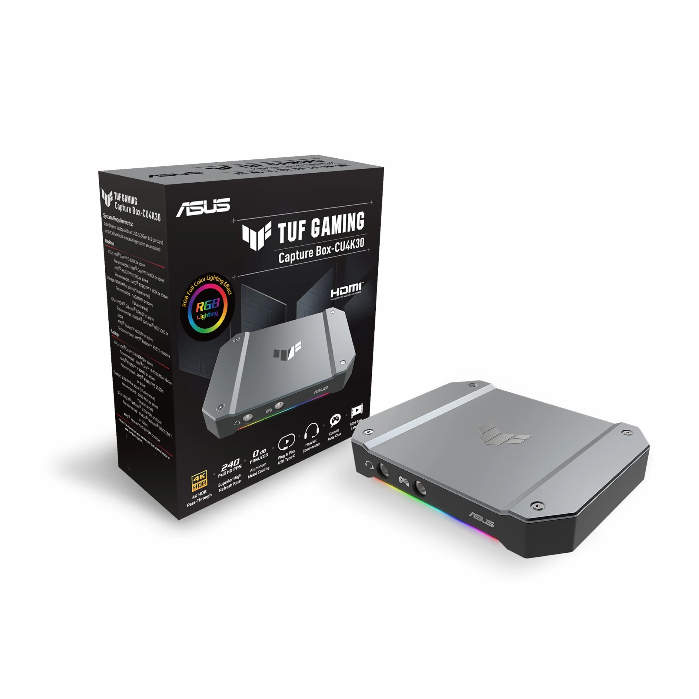 ASUS TUF Gaming Capture Card CU4K30 (4K60 HDR Passthrough, przechwytywanie 4K30, USB C 3.2, wej?cia audio/kontrolera, certyfikat OBS?, Ultra Low Latency, PS4 / PS4 Pro / PS5, Xbox One/Series X/S)