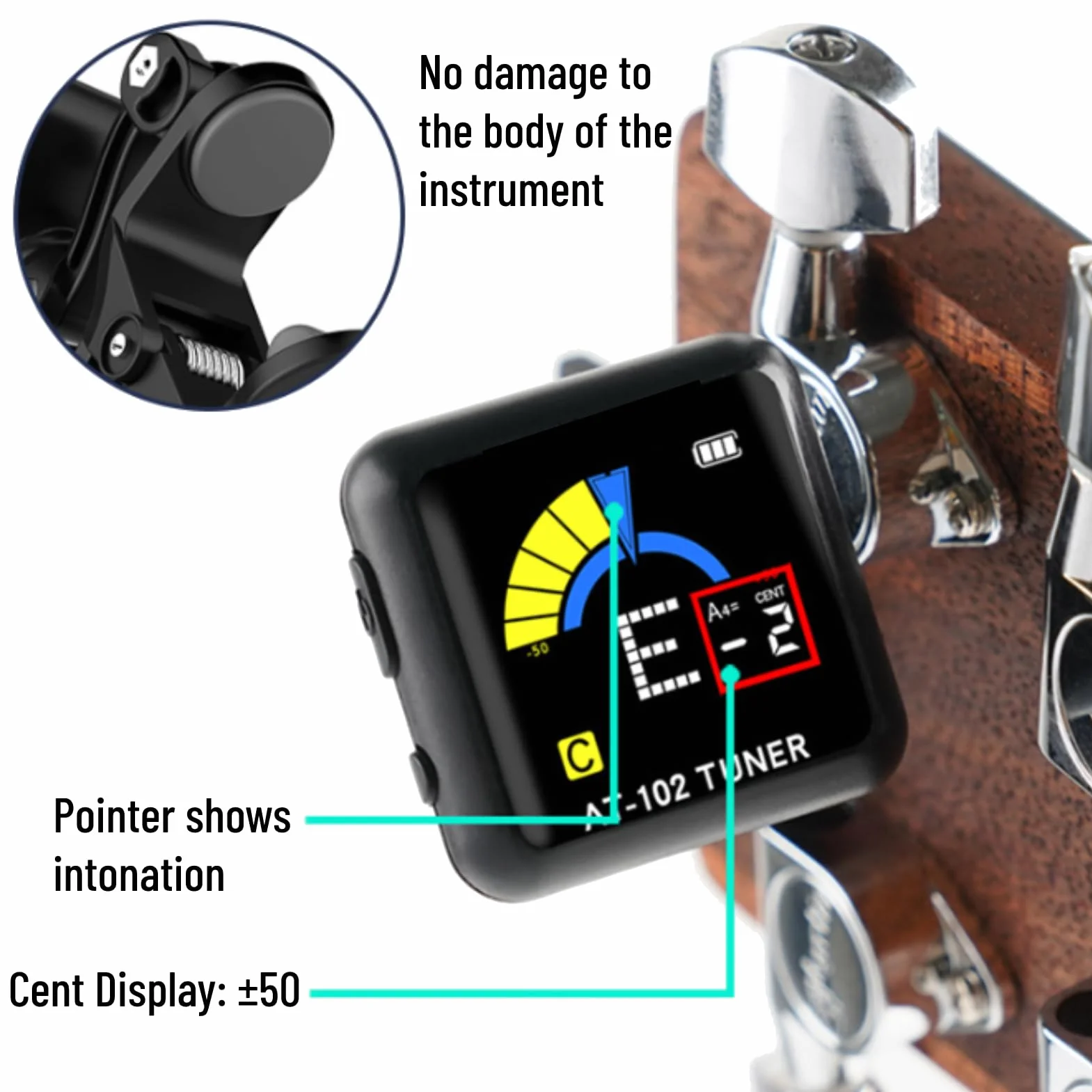 Clip-On Guitar Tuner USB Rechargeable Headstock Tuner Electric Guitar Tuner for Violin Ukulele Tuner AT‑102 with Color Screen(AT-102 Black)