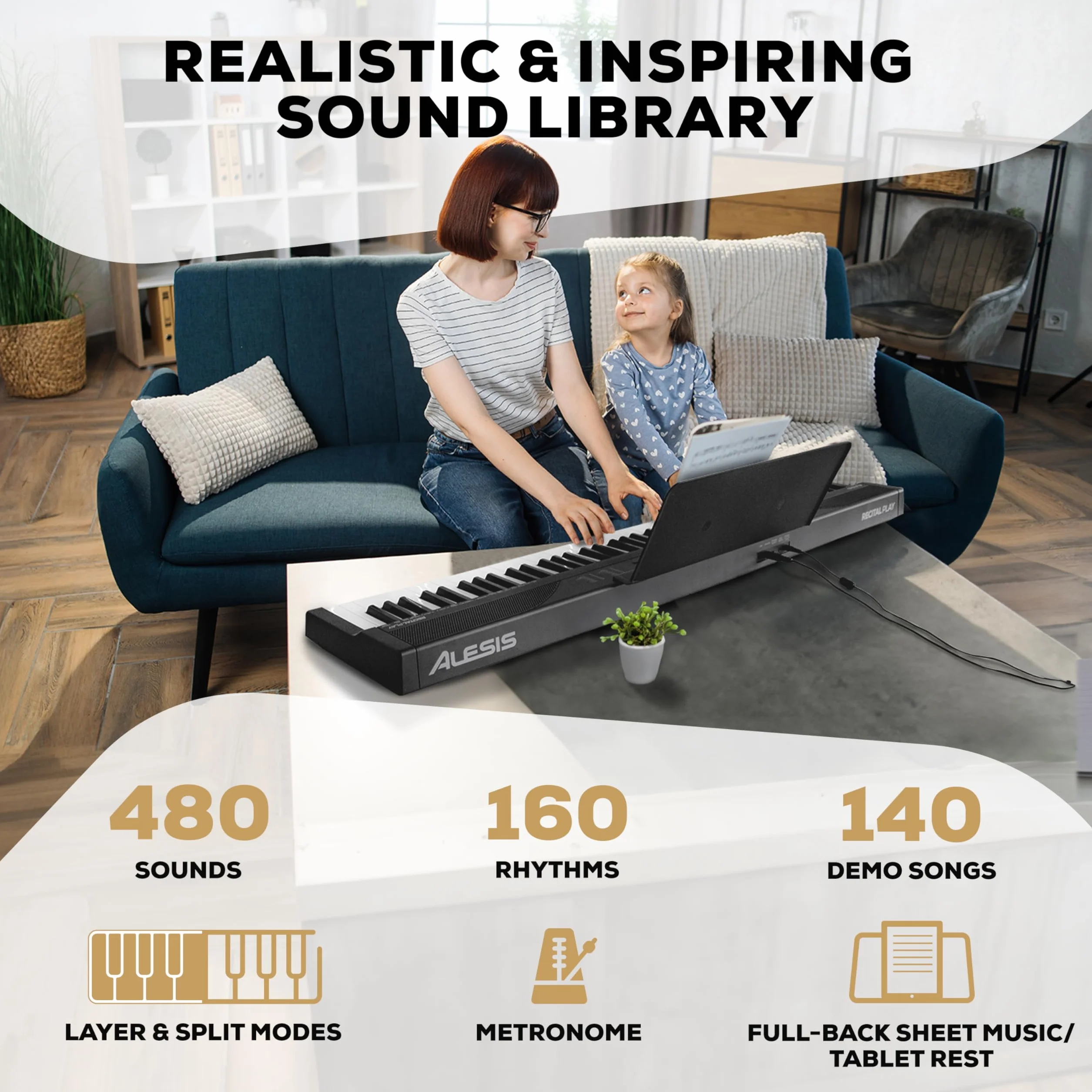 Alesis 88-klawiszowe pianino z 480 brzmieniami, głośnikami, USB MIDI, stojakiem na nuty/tablet, zasilaczem i lekcjami