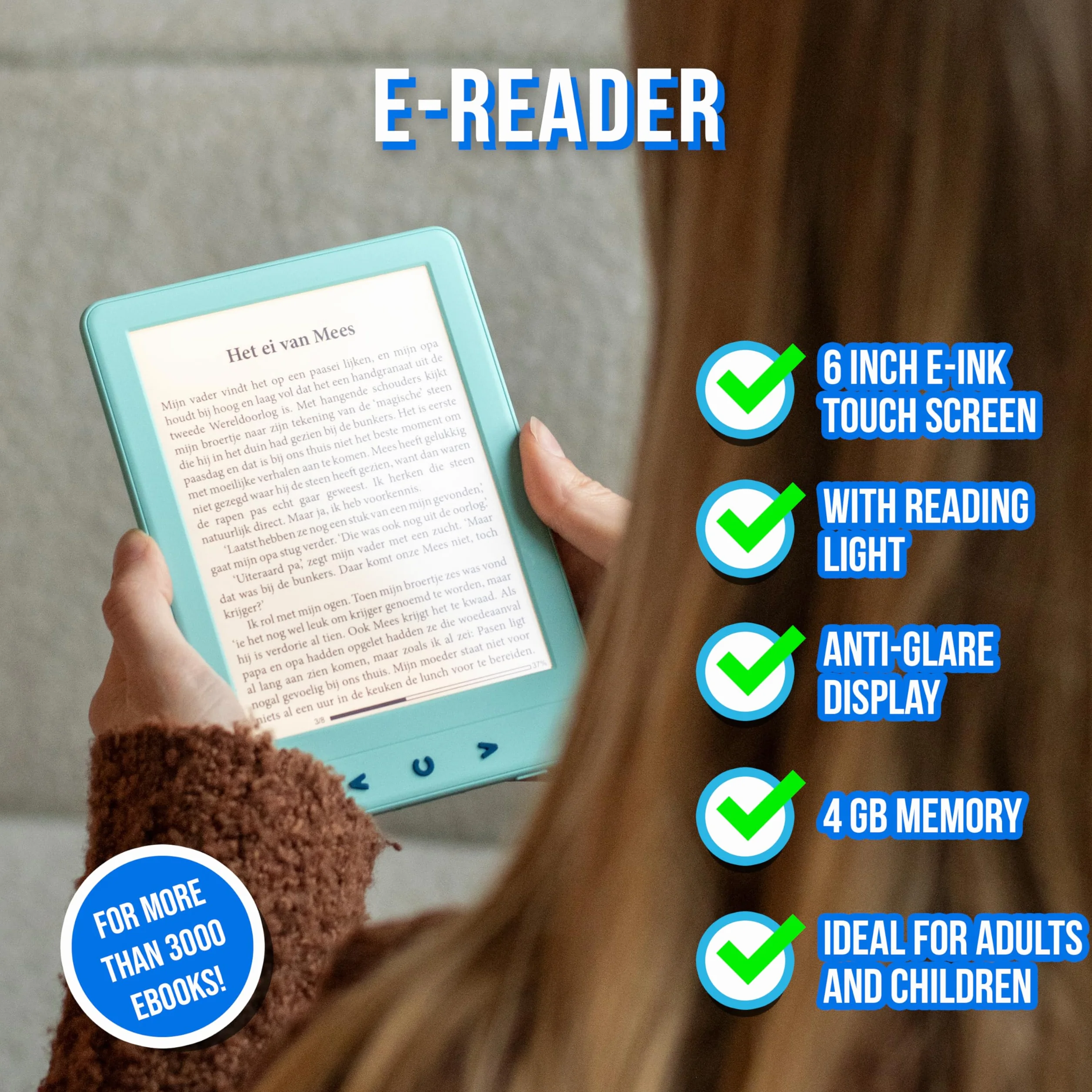 Silvergear® Czytnik eBook | Czytnik eBook z ekranem dotykowym eInk Carta 6'' | Czytnik e-booków z antyrefleksją | ze zintegrowanym podświetleniem | 4GB | Pojemność 3000 eBooków | Niebieski