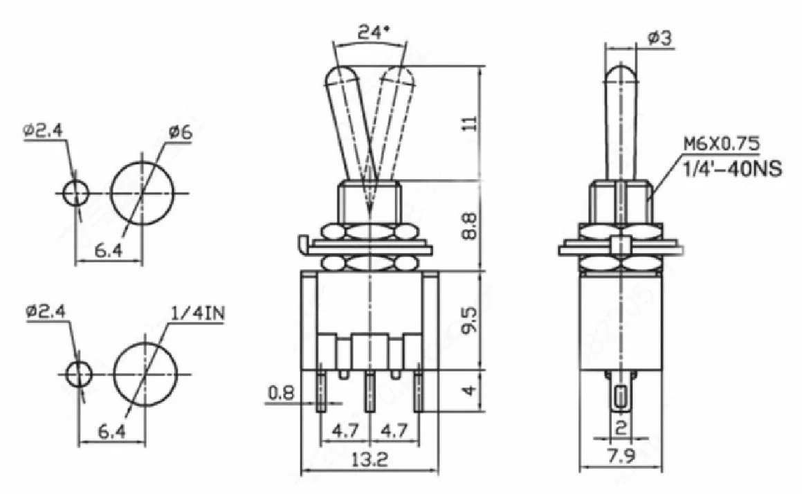 Miniaturowy przełącznik dźwigniowy McPower, 250 V/3 A, 3-biegunowy, 3 pozycje: wł./wył./wł