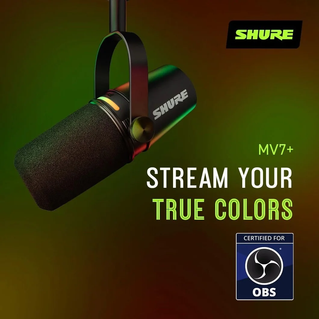 Shure Mikrofon do podcastów MV7+ z podstawką, Ulepszona jakość dźwięku, panel dotykowy LED, wyjścia USB-C i XLR, automatyczny tryb poziomowania, cyfrowy filtr pop, efekty pogłosu, podcasting - Czarny