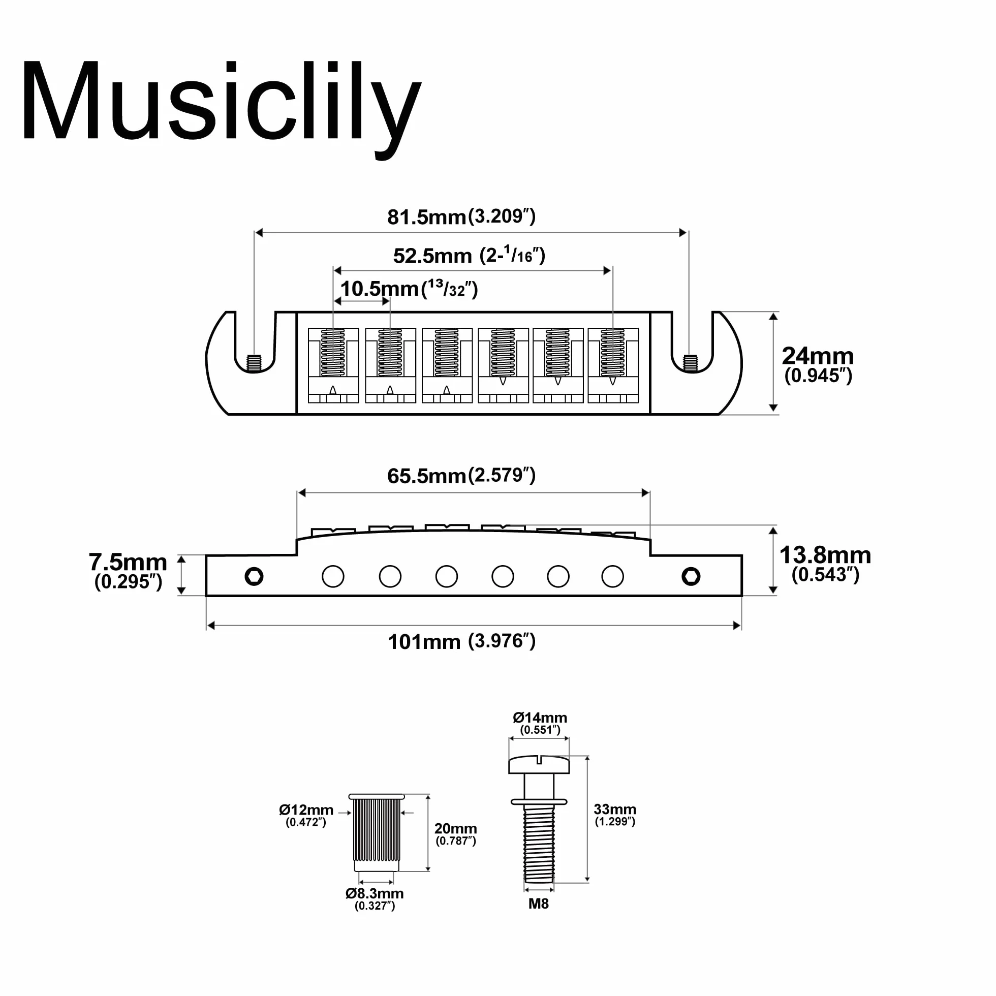Musiclily Pro 52,5mm Styl Pigtail Regulowane Mostek Wraparound do Gitary Elektrycznej typu Les Paul, Chrom