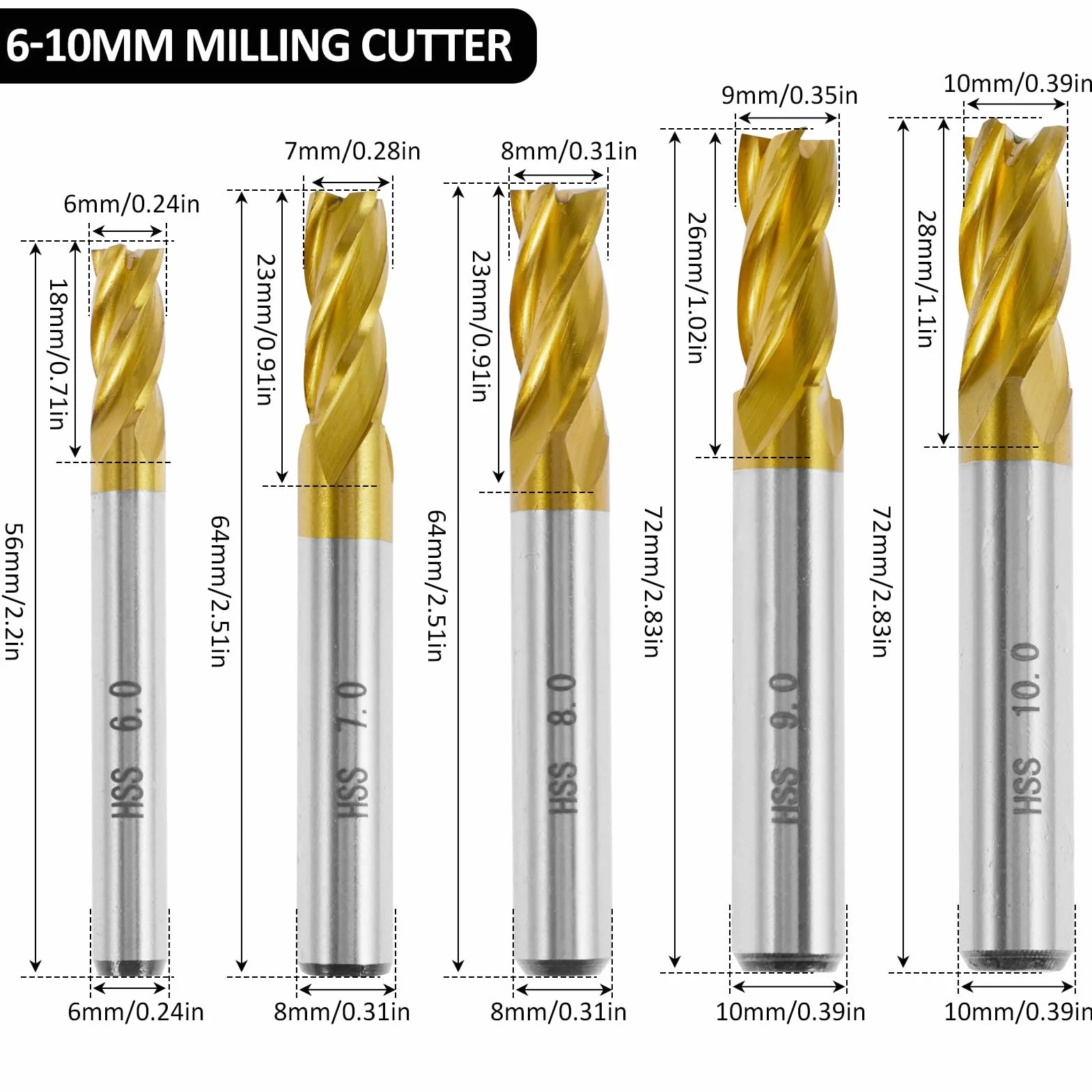 Zestaw 10 frezów HSS, 4 tytanowe flety VHM, 2-10 mm, frez CNC do tworzyw sztucznych, metalu, stali nierdzewnej, stali węglowej, aluminium, drewna, akrylu