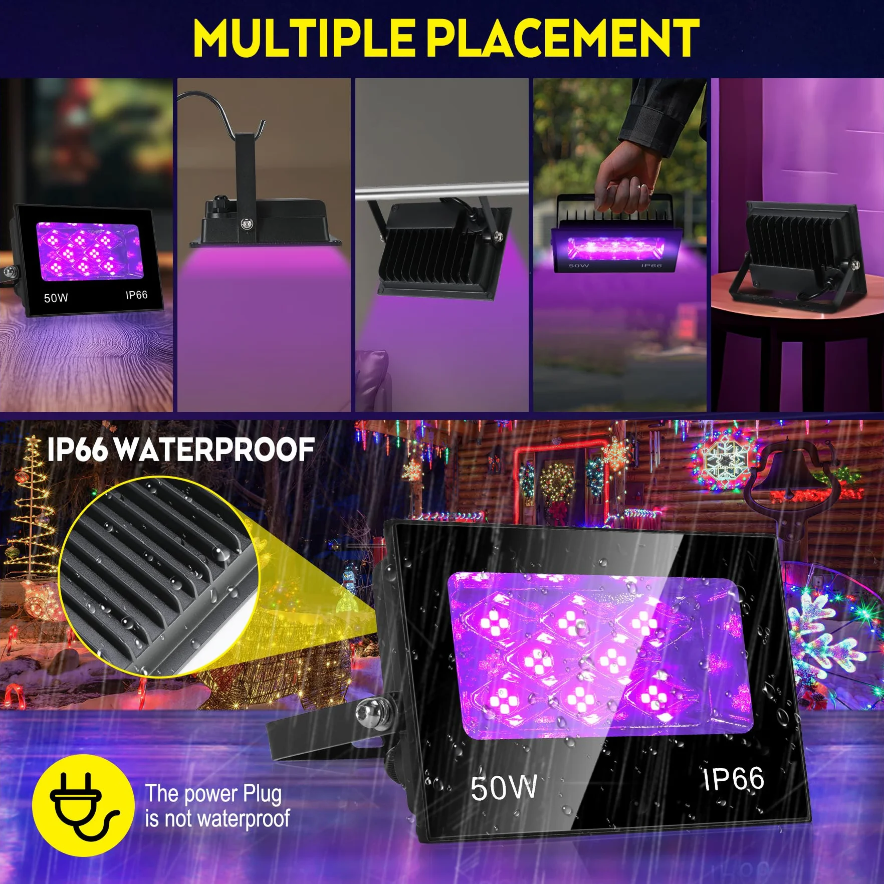 VAYALT Reflektor LED 50 W, czarne światło, reflektor LED UV na imprezę, 395-405 nm, IP66, wodoszczelna lampa z wtyczką, światło UV na dyskotekę, imprezę z okazji imprez, dekoracji Halloween