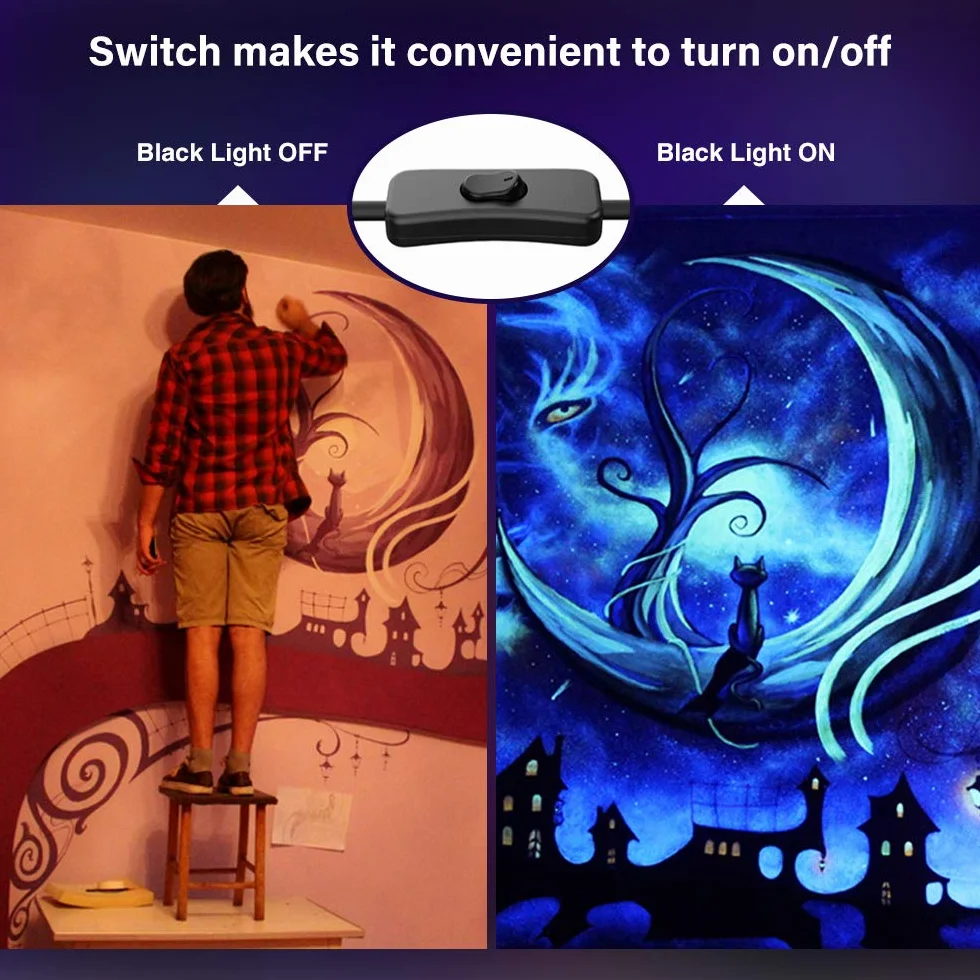 Onforu 2 reflektory LED 30 W, czarne światło, światło UV z wtyczką, wodoszczelność IP66, fluorescencyjne czarne światło z przełącznikiem, reflektor UV na imprezę do baru, neonowe kolory, dekoracja na