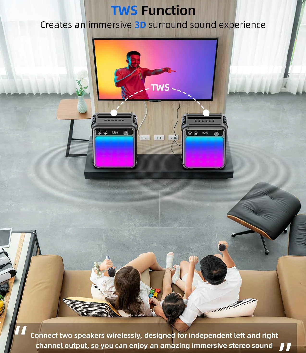 Zestaw karaoke z 2 bezprzewodowymi mikrofonami dla dorosłych, przenośny głośnik Bluetooth do karaoke ze światłami LED/ECHO, obsługuje TF, USB, AUX, TWS na imprezy, na zewnątrz