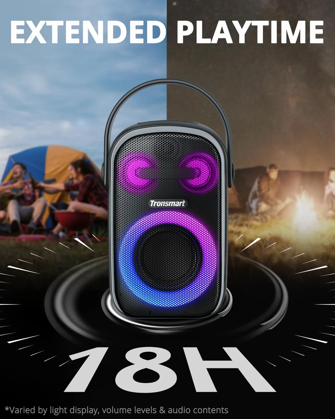 Tronsmart Halo 100 przenośny głośnik Bluetooth 5.3, 60 W, światła LED, wodoszczelność IPX6, 18H odtwarzania, dźwięk stereo, powerbank i aplikacja, do użytku na zewnątrz.