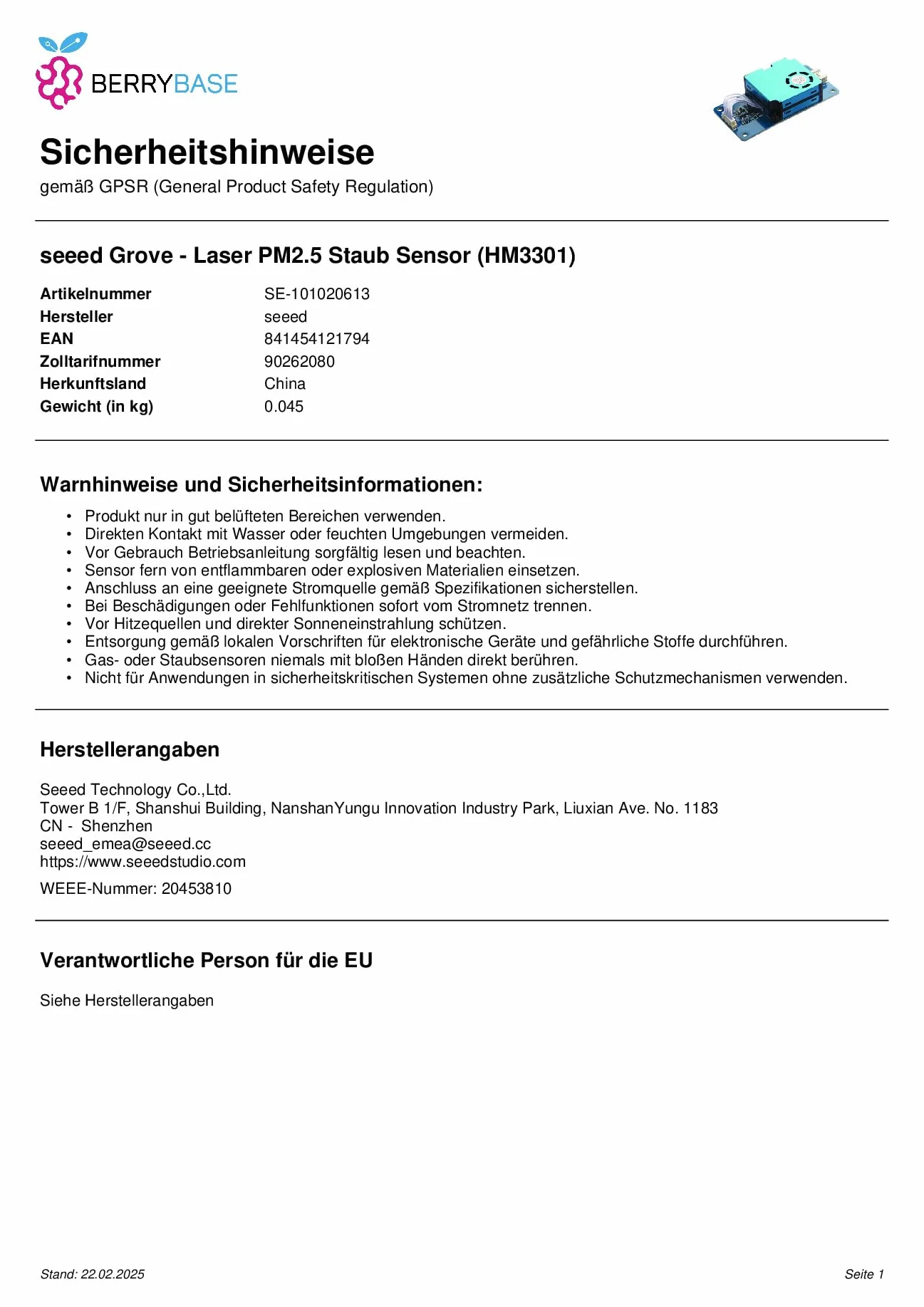 Seeed Studios Grove - Laser PM2.5 czujnik (HM3301)