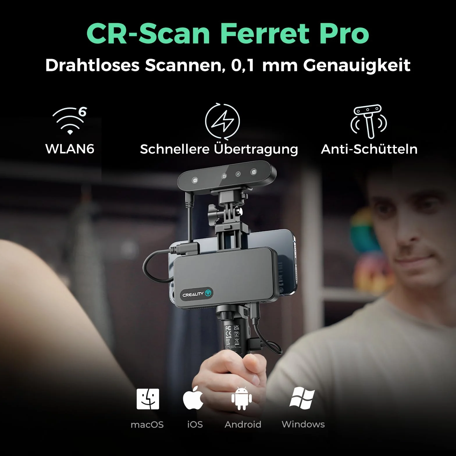 Creality Skaner 3D CR-Scan Ferret Pro do druku 3D, skaner ręczny z bezprzewodowym skanowaniem i śledzeniem zapobiegającym wstrząsom, ulepszenie do szybkiego skanowania pełnokolorowego, dokładność 0,1
