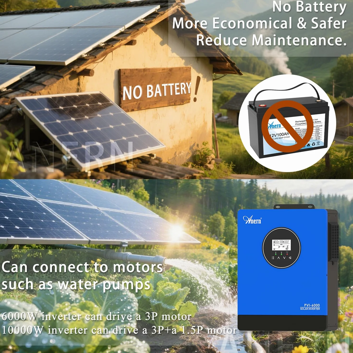Anern Hybrydowy Falownik 10KW Zintegrowany 3 MPPT Nie Potrzebna bateria, Może Zasilać Silnik 1,5P+3P lub Pompę Wodną,Out-Network Falownik Słoneczny 220V-240VAC,Napięcie MPPT 60-450VDC