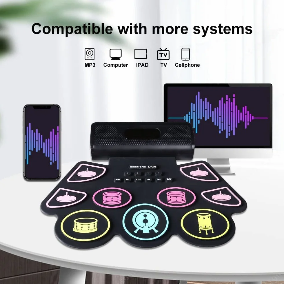Elektroniczna perkusja z 9 padami, Coolmusic przenośna podkładka bębnowa, zestaw perkusyjny, wbudowane głośniki Dual Stereo, E-Drum dla początkujących, czarny